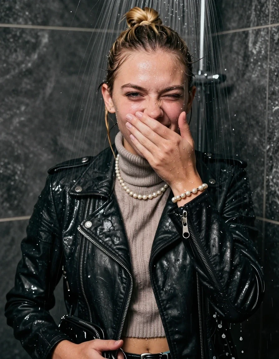 photo of young woman, in soaking wet, drenched clothes,
, , Biker leatherjacket, knit turtleneck sweater belly free, handbag, pearl necklace, bracelet, wristwatch, Under the shower, strong jet of water, party room, 
enjoying, wet clothes stuck to body,
detailed textures of the wet clothes, wet face, wet plastered hair,
wet, drenched, professional, high-quality details, full body view.
sharp focus, ultra-high pixel detail, realistic, high-quality, full colors, incredibly detailed, 4k, 8k, 16k, hyper-realistic, RAW photo, masterpiece, ultra-detailed, professionally color graded, professional photograph, Blonde topknot

 13-years-old  teenage girl

Only head and shoulders are over the surface visible. Looking at camera. Hold one hand over her mouth and nose. half closed eyes.

The girls wear different clothes.

she is completely underwater up to her neck, embarrassed and astonished expression, but she giggles. 

her clothing is soaking wet and clinging tightly to her skin, showing heavy wet folds, darkened fabric texture, and deep water-saturated Patches, her clothes are heavy from the water, water runs from her body and her clothes in streams. A lot of water also runs out of her clothes. Her clothes are darkened by the water. Her submerged clothes are good visible under the water.  she soaked her handbag into the water.

close up view, wet skin, wet clothes, wet hair, damp fabric, water runs down the clothes, wet skin, wet clothes, damp fabric. cinematic medium shot, hyper-realistic wetness, high-contrast water sheen, sharp focus, 16k resolution, professional photography, realistic water physics., wet skin, wet clothes, damp fabric, wet skin, wet clothes, damp fabric, wet skin, wet clothes, damp fabric