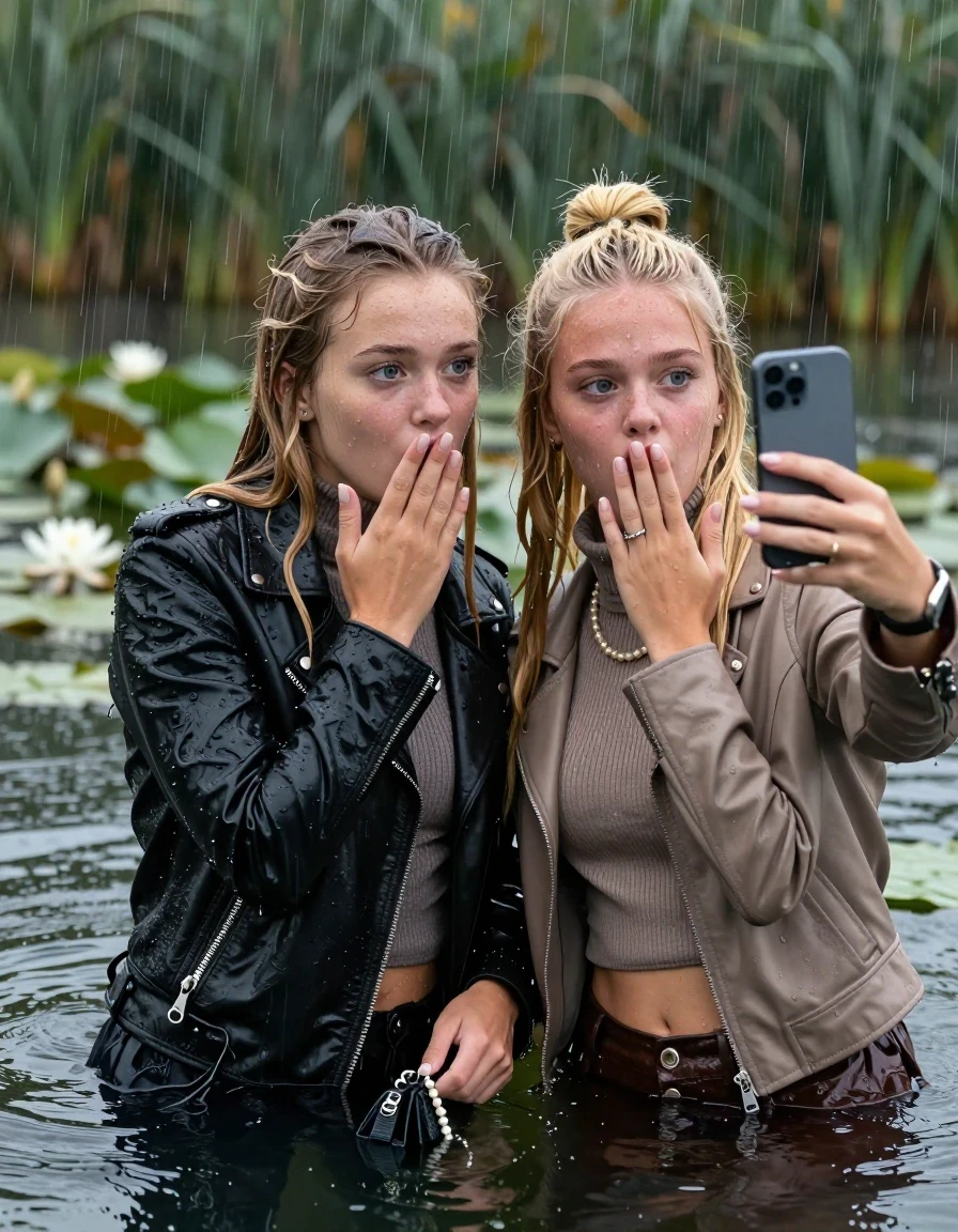 photo of young woman, in soaking wet, drenched clothes,
, , Black Biker leatherjacket and light brown leatherjacket, tight knit turtleneck sweater belly free, handbag, pearl necklace, bracelet, wristwatch, Emerging after diving in a lake with water lilies and reeds, heavy rain falls directely on her heads, 
enjoying, wet clothes stuck to body,
detailed textures of the wet clothes, wet face, wet plastered hair,
wet, drenched, professional, high-quality details, full body view.
sharp focus, ultra-high pixel detail, realistic, high-quality, full colors, incredibly detailed, 4k, 8k, 16k, hyper-realistic, RAW photo, masterpiece, ultra-detailed, professionally color graded, professional photograph, blonde sleek long straight hair and blonde topknot

 two 15 years old  teenage girls

Only head and shoulders are over the surface visible. Open mouth, big eyes. Looking at camera. one Hold her hands onver her mouth. one hold one hand on her mouth and take with the other hand a selfie with her smartphone.

The girls wear different clothes.

she is completely underwater up to her neck, horny and astonished expression. 

her clothing is soaking wet and clinging tightly to her skin, showing heavy wet folds, darkened fabric texture, and deep water-saturated Patches, her clothes are heavy from the water, water runs from her body and her clothes in streams. A lot of water also runs out of her clothes. Her clothes are darkened by the water. Her submerged clothes are good visible under the water.  she soaked her handbag into the water.

close up view, wet skin, wet clothes, wet hair, damp fabric, water runs down the clothes, wet skin, wet clothes, damp fabric. cinematic medium shot, hyper-realistic wetness, high-contrast water sheen, sharp focus, 16k resolution, professional photography, realistic water physics., wet skin, wet clothes, damp fabric, wet skin, wet clothes, damp fabric, wet skin, wet clothes, damp fabric