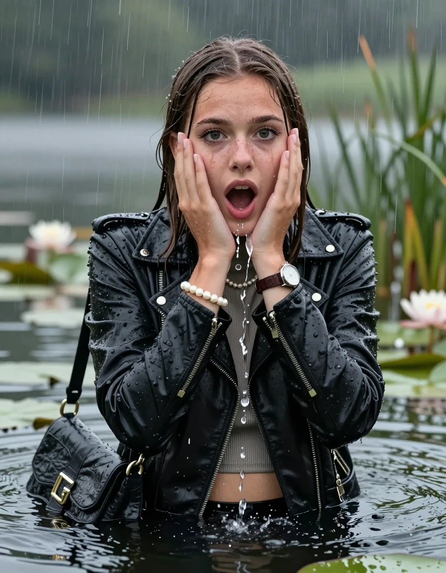 photo of young woman, in soaking wet, drenched clothes,
, , Black Biker leatherjacket, tight knit turtleneck sweater belly free, handbag, pearl necklace, bracelet, wristwatch, drowning in a lake with water lilies and reeds, heavy rain falls directely on her heads, 
enjoying, wet clothes stuck to body,
detailed textures of the wet clothes, wet face, wet plastered hair,
wet, drenched, professional, high-quality details, full body view.
sharp focus, ultra-high pixel detail, realistic, high-quality, full colors, incredibly detailed, 4k, 8k, 16k, hyper-realistic, RAW photo, masterpiece, ultra-detailed, professionally color graded, professional photograph, sleek long straight hair

15 years old  teenage girls

Only head and shoulders are over the surface visible. Open mouth, big eyes. Eyeliner is running down the cheeks. hold her hands over her face. spits out water.

The girls wear different clothes.

she is completely underwater up to her neck, afraid and astonished expression. 

her clothing is soaking wet and clinging tightly to her skin, showing heavy wet folds, darkened fabric texture, and deep water-saturated Patches, her clothes are heavy from the water, water runs from her body and her clothes in streams. A lot of water also runs out of her clothes. Her clothes are darkened by the water. Her submerged clothes are good visible under the water.  she soaked her handbag into the water.

close up view, wet skin, wet clothes, wet hair, damp fabric, water runs down the clothes, wet skin, wet clothes, damp fabric. cinematic medium shot, hyper-realistic wetness, high-contrast water sheen, sharp focus, 16k resolution, professional photography, realistic water physics., wet skin, wet clothes, damp fabric, wet skin, wet clothes, damp fabric, wet skin, wet clothes, damp fabric