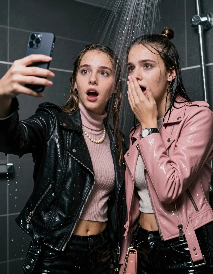 photo of young woman, in soaking wet, drenched clothes,
, , Black Biker leatherjacket and light pink leatherjacket, knit turtleneck sweater belly free, handbag, pearl necklace, bracelet, wristwatch, Under the shower, strong jet of water, party room, 
enjoying, wet clothes stuck to body,
detailed textures of the wet clothes, wet face, wet plastered hair,
wet, drenched, professional, high-quality details, full body view.
sharp focus, ultra-high pixel detail, realistic, high-quality, full colors, incredibly detailed, 4k, 8k, 16k, hyper-realistic, RAW photo, masterpiece, ultra-detailed, professionally color graded, professional photograph, sleek long straight hair and topknot

 two 15 years old  teenage girls

Only head and shoulders are over the surface visible. Open mouth, big eyes. Looking at camera. Hold her hand in front of her nose. one girl take a selfie with her smartphone.

The girls wear different clothes.

she is completely underwater up to her neck, afraid and astonished expression. 

her clothing is soaking wet and clinging tightly to her skin, showing heavy wet folds, darkened fabric texture, and deep water-saturated Patches, her clothes are heavy from the water, water runs from her body and her clothes in streams. A lot of water also runs out of her clothes. Her clothes are darkened by the water. Her submerged clothes are good visible under the water.  she soaked her handbag into the water.

close up view, wet skin, wet clothes, wet hair, damp fabric, water runs down the clothes, wet skin, wet clothes, damp fabric. cinematic medium shot, hyper-realistic wetness, high-contrast water sheen, sharp focus, 16k resolution, professional photography, realistic water physics., wet skin, wet clothes, damp fabric, wet skin, wet clothes, damp fabric, wet skin, wet clothes, damp fabric, wet skin, wet clothes, damp fabric, wet skin, wet clothes, damp fabric