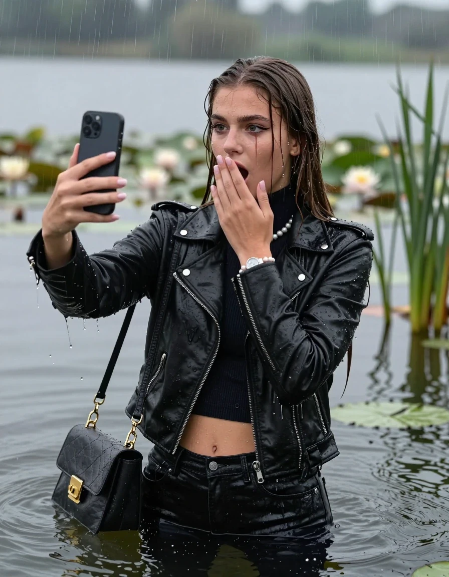 photo of young woman, in soaking wet, drenched clothes,
, skinny jeans, Black Biker leatherjacket, tight knit turtleneck sweater belly free, handbag, pearl necklace, bracelet, wristwatch, drowning in a lake with water lilies and reeds, heavy rain falls directely on her heads, 
enjoying, wet clothes stuck to body,
detailed textures of the wet clothes, wet face, wet plastered hair,
wet, drenched, professional, high-quality details, full body view.
sharp focus, ultra-high pixel detail, realistic, high-quality, full colors, incredibly detailed, 4k, 8k, 16k, hyper-realistic, RAW photo, masterpiece, ultra-detailed, professionally color graded, professional photograph, sleek long straight hair

15 years old  teenage girls

Only head and shoulders are over the surface visible. Open mouth, big eyes. Looking at camera. hold one hand on her mouth and take with the other hand a selfie with her smartphone. Eyeliner is running down the cheeks.

The girls wear different clothes.

she is completely underwater up to her neck, horny and astonished expression. 

her clothing is soaking wet and clinging tightly to her skin, showing heavy wet folds, darkened fabric texture, and deep water-saturated Patches, her clothes are heavy from the water, water runs from her body and her clothes in streams. A lot of water also runs out of her clothes. Her clothes are darkened by the water. Her submerged clothes are good visible under the water.  she soaked her handbag into the water.

close up view, wet skin, wet clothes, wet hair, damp fabric, water runs down the clothes, wet skin, wet clothes, damp fabric. cinematic medium shot, hyper-realistic wetness, high-contrast water sheen, sharp focus, 16k resolution, professional photography, realistic water physics., wet skin, wet clothes, damp fabric, wet skin, wet clothes, damp fabric, wet skin, wet clothes, damp fabric