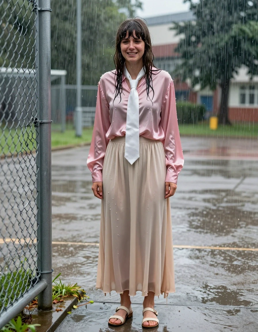 photo of young woman, in soaking wet, drenched clothes,
sandals, beige floor-length excessively long silk skirt, layers of petticoat, Beatles hair, pink satin long-sleeved oversized buttoned down blouse, white necktie, Torrential rainfall, empty schoolyard, 
enjoying, wet clothes stuck to body,
detailed textures of the wet clothes, wet face, wet plastered hair,
wet, drenched, professional, high-quality details, full body view.
sharp focus, ultra-high pixel detail, realistic, high-quality, full colors, incredibly detailed, 4k, 8k, 16k, hyper-realistic, RAW photo, masterpiece, ultra-detailed, professionally color graded, professional photograph, chained to the fence, getting drenched, sobbing, wet skin, wet clothes, damp fabric