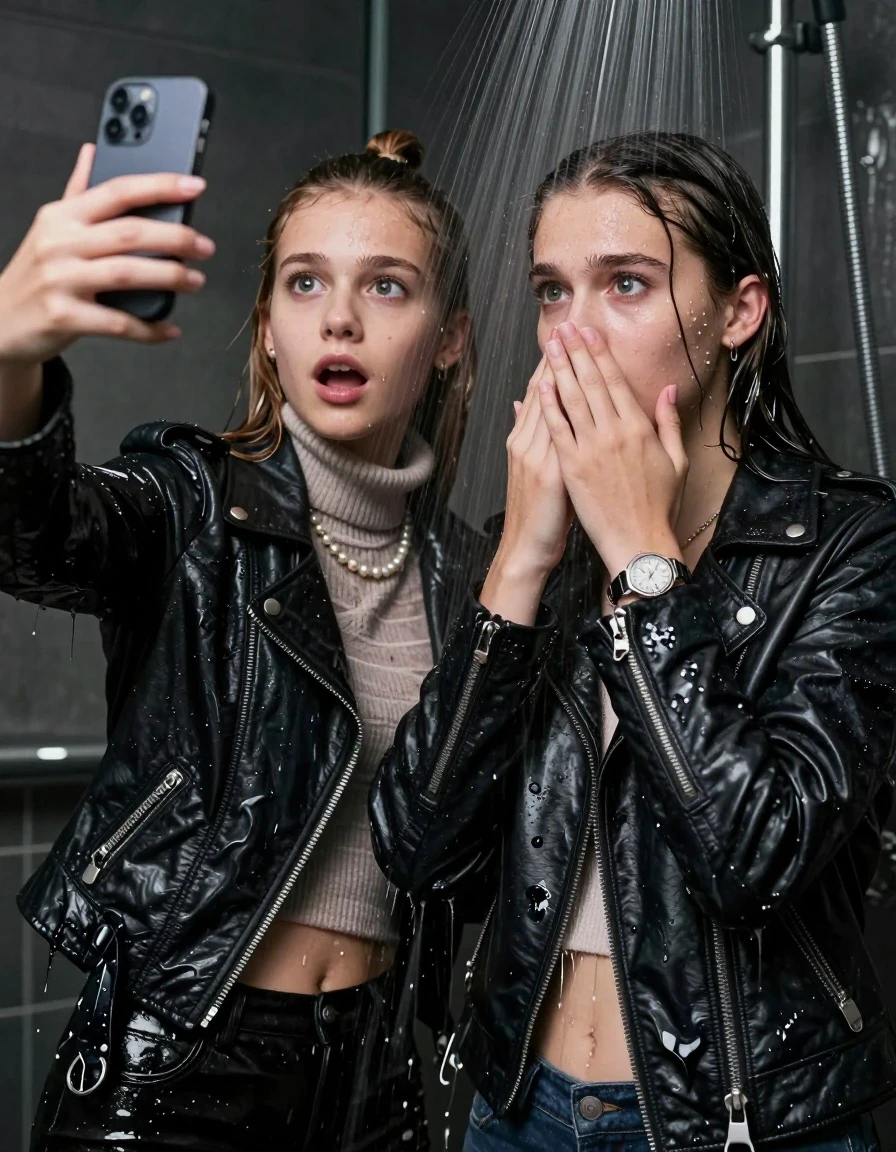 photo of young woman, in soaking wet, drenched clothes,
, , Biker leatherjacket and moncler shiny puffer down jacket, knit turtleneck sweater belly free, handbag, pearl necklace, bracelet, wristwatch, Under the shower, strong jet of water, party room, 
enjoying, wet clothes stuck to body,
detailed textures of the wet clothes, wet face, wet plastered hair,
wet, drenched, professional, high-quality details, full body view.
sharp focus, ultra-high pixel detail, realistic, high-quality, full colors, incredibly detailed, 4k, 8k, 16k, hyper-realistic, RAW photo, masterpiece, ultra-detailed, professionally color graded, professional photograph, sleek long straight hair and topknot

 two 15 years old  teenage girls

Only head and shoulders are over the surface visible. Open mouth, big eyes. Looking at camera. Hold her hand in front of her nose. one girl take a selfie with her smartphone.

The girls wear different clothes.

she is completely underwater up to her neck, afraid and astonished expression. 

her clothing is soaking wet and clinging tightly to her skin, showing heavy wet folds, darkened fabric texture, and deep water-saturated Patches, her clothes are heavy from the water, water runs from her body and her clothes in streams. A lot of water also runs out of her clothes. Her clothes are darkened by the water. Her submerged clothes are good visible under the water.  she soaked her handbag into the water.

close up view, wet skin, wet clothes, wet hair, damp fabric, water runs down the clothes, wet skin, wet clothes, damp fabric. cinematic medium shot, hyper-realistic wetness, high-contrast water sheen, sharp focus, 16k resolution, professional photography, realistic water physics., wet skin, wet clothes, damp fabric, wet skin, wet clothes, damp fabric, wet skin, wet clothes, damp fabric