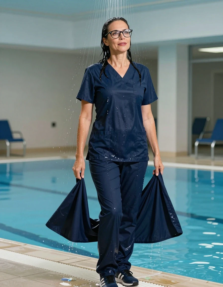 photo of young woman, in soaking wet, drenched clothes,
adidas shoes, dark blue scrubs dress, dark blue scrubs dress, shower after bath in indoor swimming pool, enjoying wet clothes stuck body, enjoying, wet clothes stuck to body, 
enjoying, wet clothes stuck to body,
detailed textures of the wet clothes, wet face, wet plastered hair,
wet, drenched, professional, high-quality details, full body view.
sharp focus, ultra-high pixel detail, realistic, high-quality, full colors, incredibly detailed, 4k, 8k, 16k, hyper-realistic, RAW photo, masterpiece, ultra-detailed, professionally color graded, professional photograph, europen brunette skinny woman 50 years old, long dark black hair, very big and thick lips,  office glasses, complete body, wet skin, wet clothes, damp fabric, wet skin, wet clothes, damp fabric, wet skin, wet clothes, damp fabric, wet skin, wet clothes, damp fabric, wet skin, wet clothes, damp fabric, wet skin, wet clothes, damp fabric, wet skin, wet clothes, damp fabric