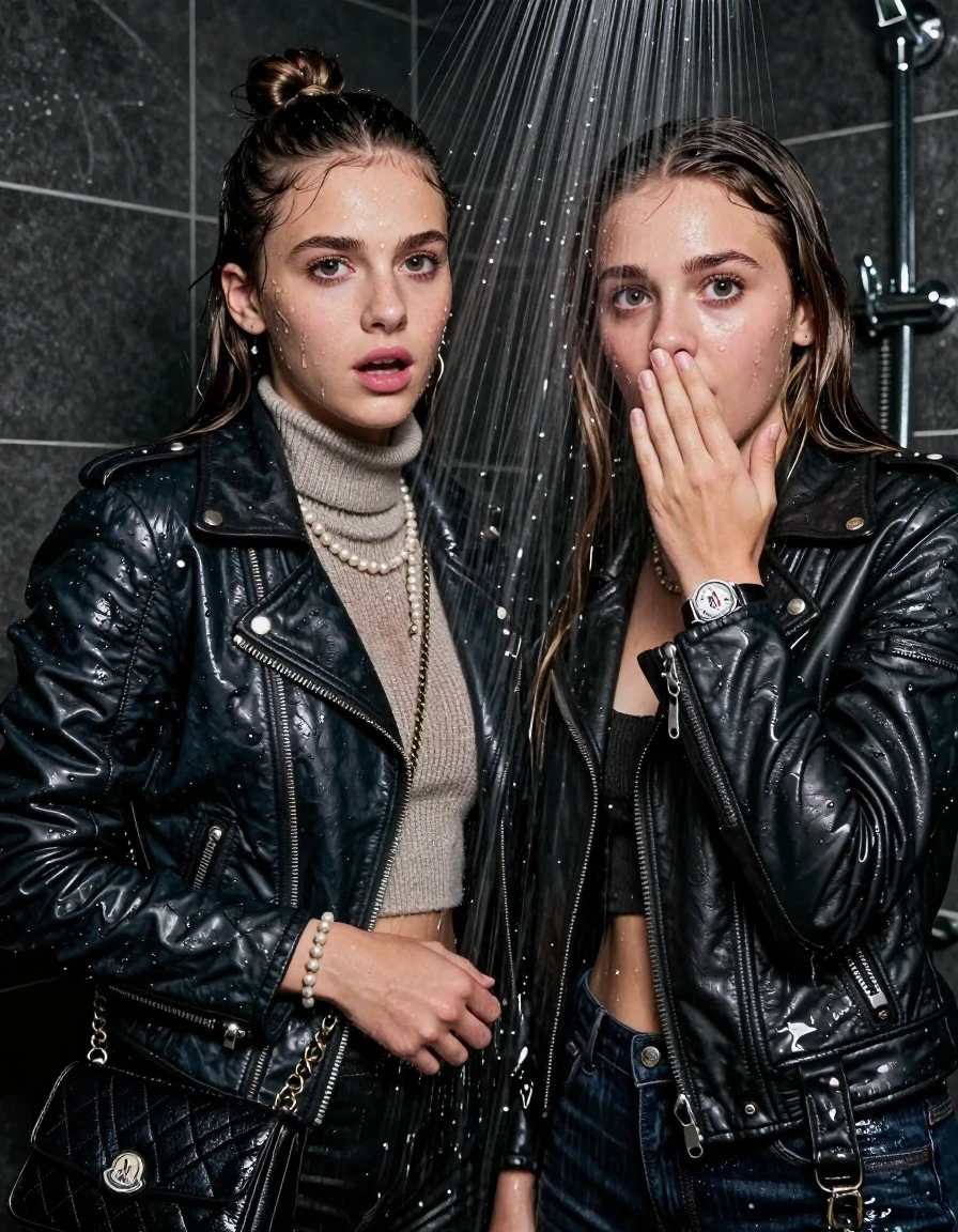 photo of young woman, in soaking wet, drenched clothes,
, , Biker leatherjacket and moncler shiny puffer down jacket, knit turtleneck sweater belly free, handbag, pearl necklace, bracelet, wristwatch, Under the shower, strong jet of water, party room, 
enjoying, wet clothes stuck to body,
detailed textures of the wet clothes, wet face, wet plastered hair,
wet, drenched, professional, high-quality details, full body view.
sharp focus, ultra-high pixel detail, realistic, high-quality, full colors, incredibly detailed, 4k, 8k, 16k, hyper-realistic, RAW photo, masterpiece, ultra-detailed, professionally color graded, professional photograph, sleek long straight hair and topknot

 two 15 years old  teenage girls

Only head and shoulders are over the surface visible. Open mouth, big eyes. Looking at camera. Hold her hand in front of her nose.

The girls wear different clothes.

she is completely underwater up to her neck, afraid and astonished expression. 

her clothing is soaking wet and clinging tightly to her skin, showing heavy wet folds, darkened fabric texture, and deep water-saturated Patches, her clothes are heavy from the water, water runs from her body and her clothes in streams. A lot of water also runs out of her clothes. Her clothes are darkened by the water. Her submerged clothes are good visible under the water.  she soaked her handbag into the water.

close up view, wet skin, wet clothes, wet hair, damp fabric, water runs down the clothes, wet skin, wet clothes, damp fabric. cinematic medium shot, hyper-realistic wetness, high-contrast water sheen, sharp focus, 16k resolution, professional photography, realistic water physics., wet skin, wet clothes, damp fabric, wet skin, wet clothes, damp fabric, wet skin, wet clothes, damp fabric