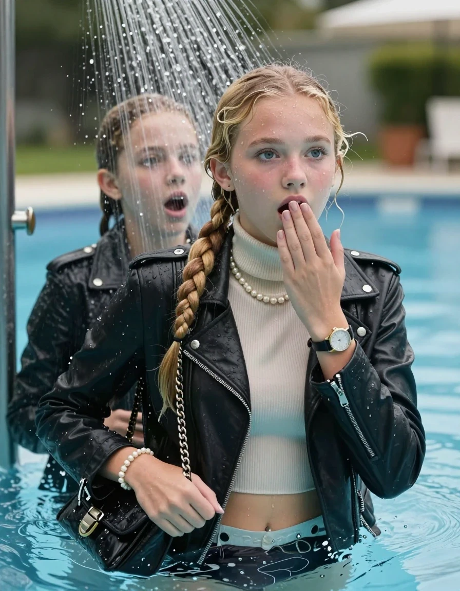 photo of young woman, in soaking wet, drenched clothes,
, , Biker leatherjacket, Tight knit turtleneck sweater belly free, handbag, pearl necklace, bracelet, wristwatch, Under the pool shower, strong jet of water, swimming pool, 
enjoying, wet clothes stuck to body,
detailed textures of the wet clothes, wet face, wet plastered hair,
wet, drenched, professional, high-quality details, full body view.
sharp focus, ultra-high pixel detail, realistic, high-quality, full colors, incredibly detailed, 4k, 8k, 16k, hyper-realistic, RAW photo, masterpiece, ultra-detailed, professionally color graded, professional photograph, blonde sleek long twisted ponytail

Two 15 years old  teenage girl

Only head and shoulders are over the surface visible. Open mouth, big eyes. Looking at camera. Hold her hand in front of her mouth.

The girls wear different clothes.

she is completely underwater up to her neck, surprised and astonished expression. 

her submerged clothes are hardly vusible under water, she soaked her handbag into the water

close up view, wet skin, wet clothes, wet hair, damp fabric, water runs down the clothes, wet skin, wet clothes, damp fabric., wet skin, wet clothes, damp fabric, wet skin, wet clothes, damp fabric, wet skin, wet clothes, damp fabric, wet skin, wet clothes, damp fabric, wet skin, wet clothes, damp fabric, wet skin, wet clothes, damp fabric, wet skin, wet clothes, damp fabric, wet skin, wet clothes, damp fabric, wet skin, wet clothes, damp fabric