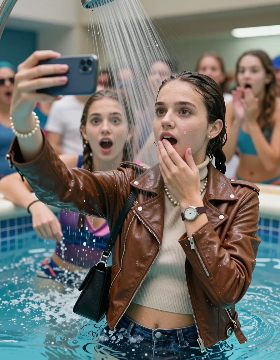 photo of young woman, in soaking wet, drenched clothes,
, , Biker leatherjacket, Tight knit turtleneck sweater belly free, handbag, pearl necklace, bracelet, wristwatch, Under the pool shower, strong jet of water, indoor swimming pool, pool party, her different clothed friends watching her shocked from the edge, 
enjoying, wet clothes stuck to body,
detailed textures of the wet clothes, wet face, wet plastered hair,
wet, drenched, professional, high-quality details, full body view.
sharp focus, ultra-high pixel detail, realistic, high-quality, full colors, incredibly detailed, 4k, 8k, 16k, hyper-realistic, RAW photo, masterpiece, ultra-detailed, professionally color graded, professional photograph, sleek long twisted ponytail

Two 15 years old  teenage girl

Only head and shoulders are over the surface visible. Open mouth, big eyes. Looking at camera. Hold her hand on her corner of the mouth. take a selfie with her smartphone.

The girls wear different clothes.

she is completely underwater up to her neck, surprised and astonished expression. 

her submerged clothes are hardly vusible under water, she soaked her handbag into the water

close up view, wet skin, wet clothes, wet hair, damp fabric, water runs down the clothes, wet skin, wet clothes, damp fabric., wet skin, wet clothes, damp fabric, wet skin, wet clothes, damp fabric, wet skin, wet clothes, damp fabric, wet skin, wet clothes, damp fabric, wet skin, wet clothes, damp fabric, wet skin, wet clothes, damp fabric, wet skin, wet clothes, damp fabric, wet skin, wet clothes, damp fabric, wet skin, wet clothes, damp fabric