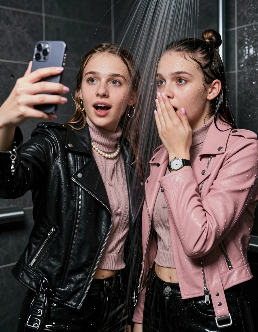 photo of young woman, in soaking wet, drenched clothes,
, , Black Biker leatherjacket and light pink leatherjacket, knit turtleneck sweater belly free, handbag, pearl necklace, bracelet, wristwatch, Under the shower, strong jet of water, party room, 
enjoying, wet clothes stuck to body,
detailed textures of the wet clothes, wet face, wet plastered hair,
wet, drenched, professional, high-quality details, full body view.
sharp focus, ultra-high pixel detail, realistic, high-quality, full colors, incredibly detailed, 4k, 8k, 16k, hyper-realistic, RAW photo, masterpiece, ultra-detailed, professionally color graded, professional photograph, sleek long straight hair and topknot

 two 15 years old  teenage girls

Only head and shoulders are over the surface visible. Open mouth, big eyes. Looking at camera. Hold her hand in front of her nose. one girl take a selfie with her smartphone.

The girls wear different clothes.

she is completely underwater up to her neck, afraid and astonished expression. smiling.

her clothing is soaking wet and clinging tightly to her skin, showing heavy wet folds, darkened fabric texture, and deep water-saturated Patches, her clothes are heavy from the water, water runs from her body and her clothes in streams. A lot of water also runs out of her clothes. Her clothes are darkened by the water. Her submerged clothes are good visible under the water.  she soaked her handbag into the water.

close up view, wet skin, wet clothes, wet hair, damp fabric, water runs down the clothes, wet skin, wet clothes, damp fabric. cinematic medium shot, hyper-realistic wetness, high-contrast water sheen, sharp focus, 16k resolution, professional photography, realistic water physics., wet skin, wet clothes, damp fabric, wet skin, wet clothes, damp fabric, wet skin, wet clothes, damp fabric, wet skin, wet clothes, damp fabric