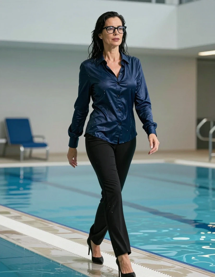 photo of young woman, in soaking wet, drenched clothes,
stilletto shoes, long black pants, dark blue satin shirt with long sleeves, walking after swim in indoor swimming pool, enjoying wet clothes stuck body, enjoying, wet clothes stuck to body, 
enjoying, wet clothes stuck to body,
detailed textures of the wet clothes, wet face, wet plastered hair,
wet, drenched, professional, high-quality details, full body view.
sharp focus, ultra-high pixel detail, realistic, high-quality, full colors, incredibly detailed, 4k, 8k, 16k, hyper-realistic, RAW photo, masterpiece, ultra-detailed, professionally color graded, professional photograph, europen brunette skinny woman 50 years old, long dark black hair, very big and thick lips,  office glasses, complete body, wet skin, wet clothes, damp fabric, wet skin, wet clothes, damp fabric, wet skin, wet clothes, damp fabric, wet skin, wet clothes, damp fabric, wet skin, wet clothes, damp fabric, wet skin, wet clothes, damp fabric, wet skin, wet clothes, damp fabric