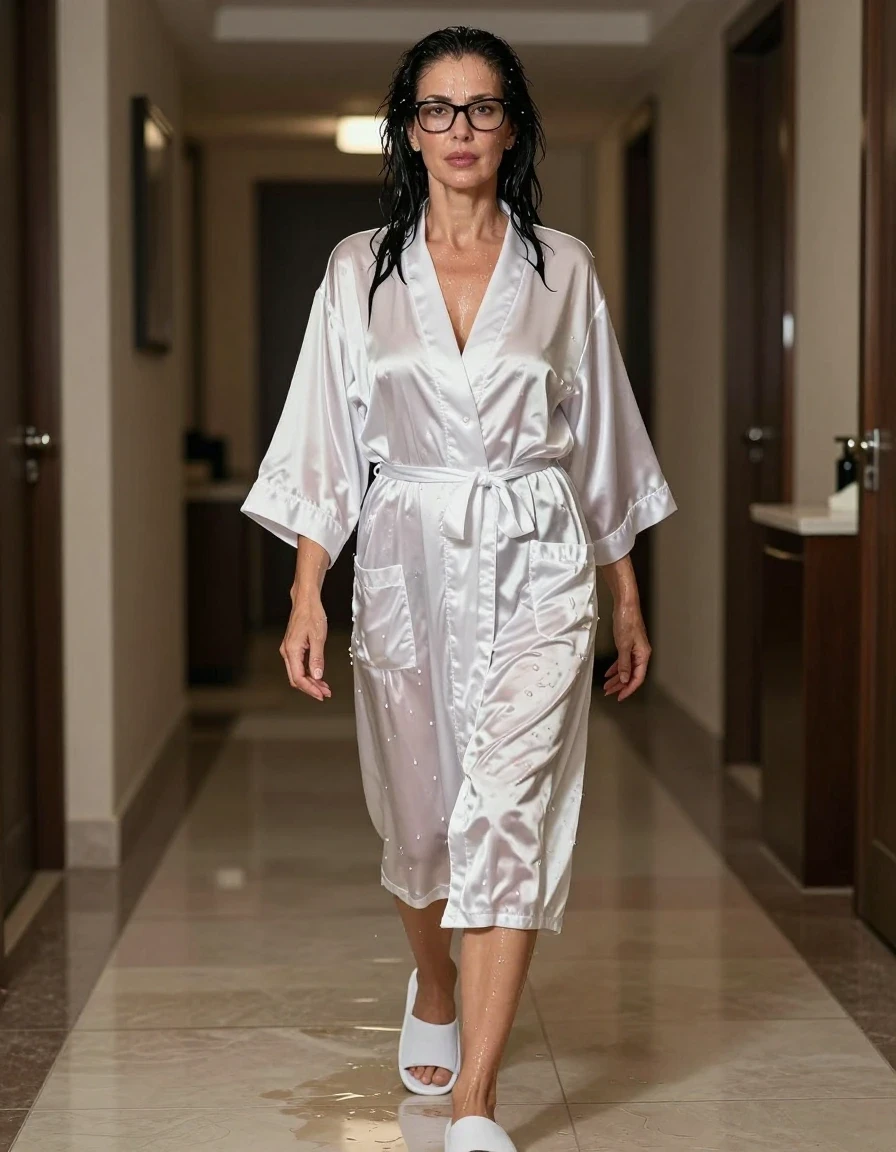photo of young woman, in soaking wet, drenched clothes,
slippers, maxi long white satin housecoat, maxi long white satin housecoat, walking in hotel, enjoying wet clothes stuck body, enjoying, wet clothes stuck to body, 
enjoying, wet clothes stuck to body,
detailed textures of the wet clothes, wet face, wet plastered hair,
wet, drenched, professional, high-quality details, full body view.
sharp focus, ultra-high pixel detail, realistic, high-quality, full colors, incredibly detailed, 4k, 8k, 16k, hyper-realistic, RAW photo, masterpiece, ultra-detailed, professionally color graded, professional photograph, europen brunette skinny woman 50 years old, long dark black hair, very big and thick lips,  office glasses, complete body, wet skin, wet clothes, damp fabric, wet skin, wet clothes, damp fabric, wet skin, wet clothes, damp fabric, wet skin, wet clothes, damp fabric, wet skin, wet clothes, damp fabric, wet skin, wet clothes, damp fabric, wet skin, wet clothes, damp fabric