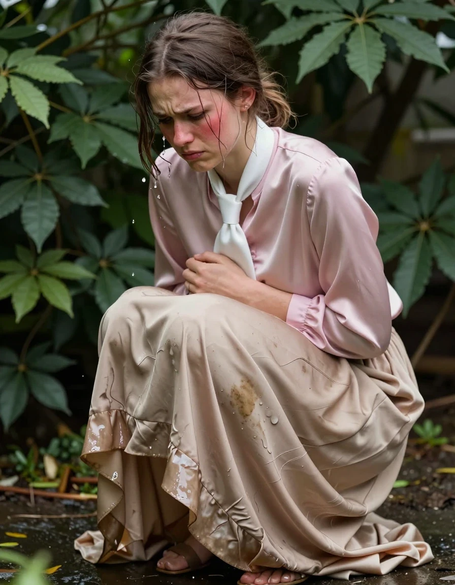 A young adult European woman crouching in a dense garden bush, her expression deeply embarrassed and flushed. She is wearing a pink satin long-sleeved oversized blouse with a crisp white necktie, paired with an excessively long, beige floor-length silk skirt layered over multiple petticoats. The silk skirt is visibly soaked and clinging to her legs, showing heavy wet folds, darkened fabric patches, and a high-sheen liquid texture where the material has absorbed moisture. She is wearing sandals on her feet. The scene captures her in the act of wetting herself, with the silk fabric showing realistic saturation and wet cling against her skin. Photorealistic, 8k resolution, cinematic lighting filtering through the leaves, shallow depth of field, high-detail fabric textures, visible water sheen on the silk, naturalistic skin tones, sharp focus on the subject's distressed expression.