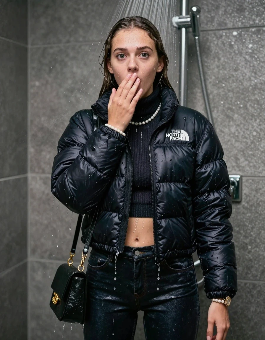 photo of young woman, in soaking wet, drenched clothes,
, skinny jeans, black nuptse north face puffer down jacket, knit turtleneck sweater belly free, handbag, pearl necklace, bracelet, wristwatch, Under the shower, strong jet of water, party shower, 
enjoying, wet clothes stuck to body,
detailed textures of the wet clothes, wet face, wet plastered hair,
wet, drenched, professional, high-quality details, full body view.
sharp focus, ultra-high pixel detail, realistic, high-quality, full colors, incredibly detailed, 4k, 8k, 16k, hyper-realistic, RAW photo, masterpiece, ultra-detailed, professionally color graded, professional photograph, sleek long straight hair

 15 years old  teenage girl

Only head and shoulders are over the surface visible. Looking at camera. Hold her hand on her mouth.  open mouth, big eyes.

The girls wear different clothes.

she is completely underwater up to her neck, shocked and embarrassed expression. 

her clothing is soaking wet and clinging tightly to her skin, showing heavy wet folds, darkened fabric texture, and deep water-saturated Patches, her clothes are heavy from the water, water runs from her body and her clothes in streams. A lot of water also runs out of her clothes. Her clothes are darkened by the water. Her submerged clothes are good visible under the water.  she soaked her handbag into the water.

close up view, wet skin, wet clothes, wet hair, damp fabric, water runs down the clothes, wet skin, wet clothes, damp fabric. cinematic medium shot, hyper-realistic wetness, high-contrast water sheen, sharp focus, 8k resolution, professional photography, realistic water physics., wet skin, wet clothes, damp fabric, wet skin, wet clothes, damp fabric, wet skin, wet clothes, damp fabric