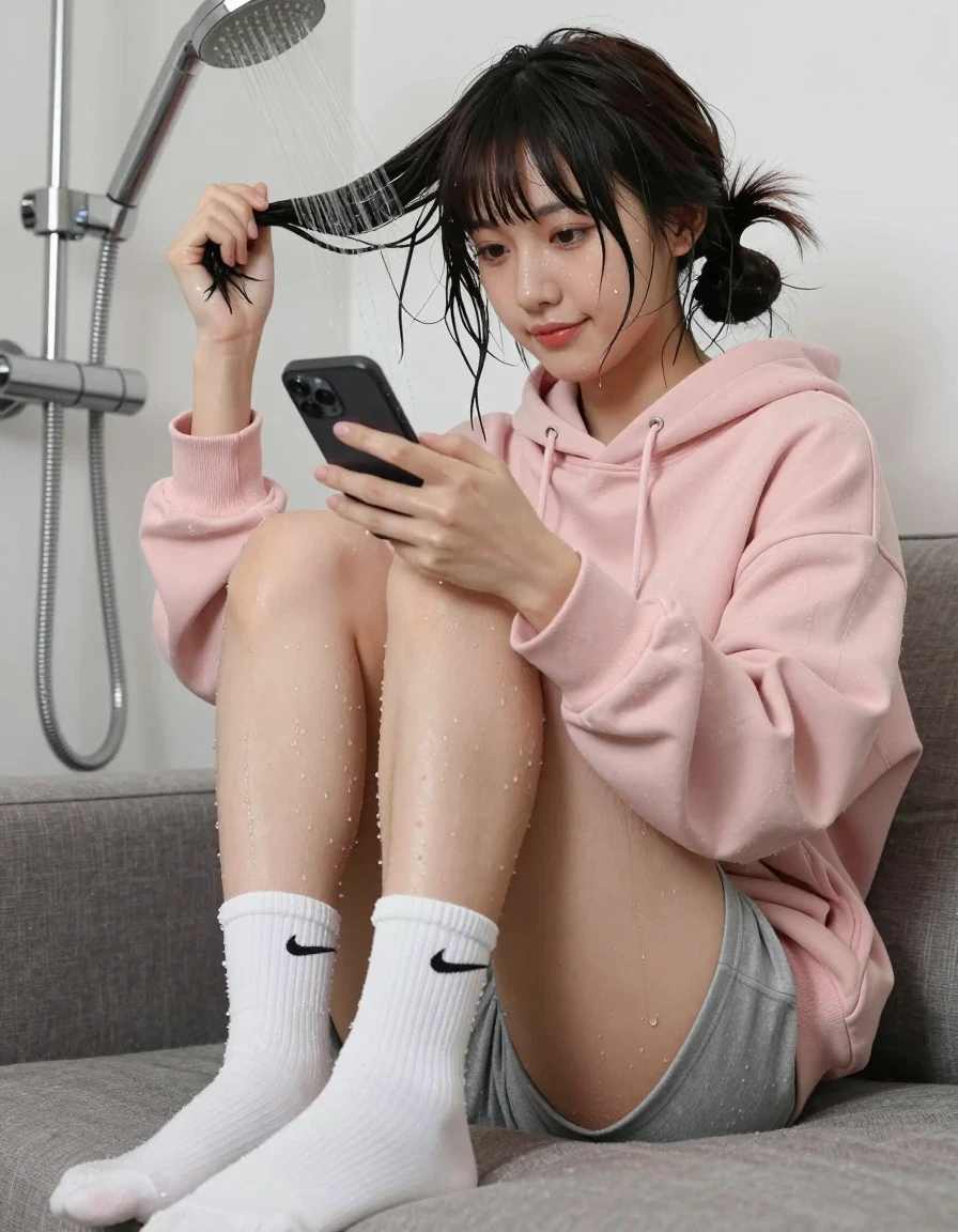 photo of young woman, in soaking wet, drenched clothes,
soaked white nike crew socks dripping wet, soaking wet gray sweatpants dripping wet, loose pastel pink oversized hoodie, At the living room with shower head above, 
enjoying, wet clothes stuck to body,
detailed textures of the wet clothes, wet face, wet plastered hair,
wet, drenched, professional, high-quality details, full body view.
sharp focus, ultra-high pixel detail, realistic, high-quality, full colors, incredibly detailed, 4k, 8k, 16k, hyper-realistic, RAW photo, masterpiece, ultra-detailed, professionally color graded, professional photograph, Young Chinese woman with light skin, dark brown hair with twintails and blunt hair bangs, styled in space buns with blunt-cut bangs and dark eyes, Her expression is nonchalant, a small smile on her lips, She is seated figure four at the couch, the showerhead is showering her hair and clothes from above, she is holding and looking at her phone, wet skin, wet clothes, damp fabric. From below view, Full body shot, Low angle., wet skin, wet clothes, damp fabric