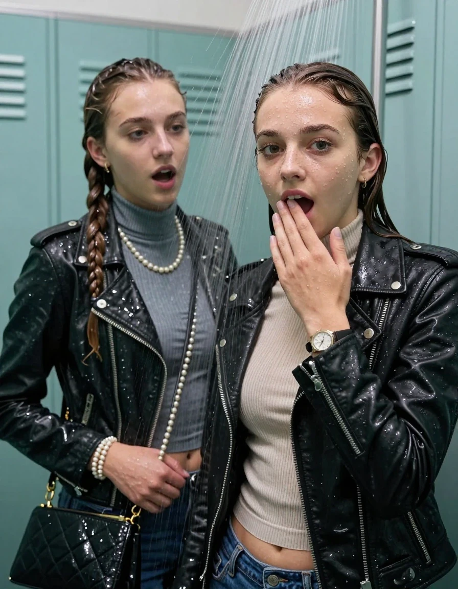 photo of young woman, in soaking wet, drenched clothes,
, , Biker leatherjacket, Tight knit turtleneck sweater belly free, handbag, pearl necklace, bracelet, wristwatch, Under the shower, strong jet of water, lokker room, 
enjoying, wet clothes stuck to body,
detailed textures of the wet clothes, wet face, wet plastered hair,
wet, drenched, professional, high-quality details, full body view.
sharp focus, ultra-high pixel detail, realistic, high-quality, full colors, incredibly detailed, 4k, 8k, 16k, hyper-realistic, RAW photo, masterpiece, ultra-detailed, professionally color graded, professional photograph, sleek long twisted ponytail

Two 15 years old  teenage girl

Only head and shoulders are over the surface visible. Open mouth, big eyes. Looking at camera. Hold her hand in front of her mouth.

The girls wear different clothes.

she is completely underwater up to her neck, surprised and astonished expression. 

her submerged clothes are hardly vusible under water, she soaked her handbag into the water

close up view, wet skin, wet clothes, wet hair, damp fabric, water runs down the clothes, wet skin, wet clothes, damp fabric., wet skin, wet clothes, damp fabric, wet skin, wet clothes, damp fabric, wet skin, wet clothes, damp fabric, wet skin, wet clothes, damp fabric, wet skin, wet clothes, damp fabric, wet skin, wet clothes, damp fabric, wet skin, wet clothes, damp fabric, wet skin, wet clothes, damp fabric, wet skin, wet clothes, damp fabric
