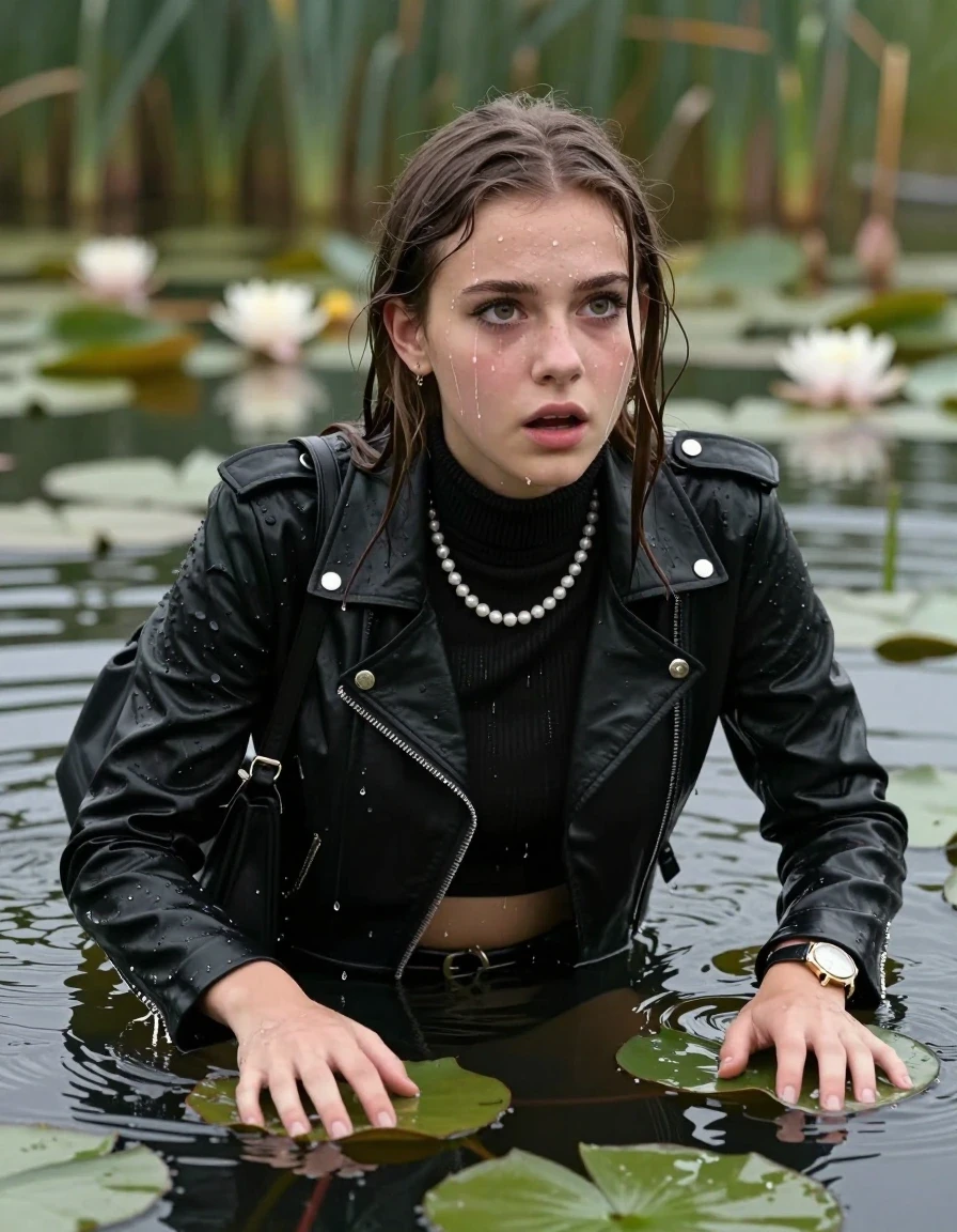 photo of young woman, in soaking wet, drenched clothes,
, , Black Biker leatherjacket, tight knit turtleneck sweater belly free, shoulderbag, pearl necklace, bracelet, wristwatch, drowning in a lake with water lilies and reeds, 
enjoying, wet clothes stuck to body,
detailed textures of the wet clothes, wet face, wet plastered hair,
wet, drenched, professional, high-quality details, full body view.
sharp focus, ultra-high pixel detail, realistic, high-quality, full colors, incredibly detailed, 4k, 8k, 16k, hyper-realistic, RAW photo, masterpiece, ultra-detailed, professionally color graded, professional photograph, sleek long straight hair

15 years old  teenage girls

Only head and shoulders are over the surface visible. Open mouth, big eyes. Eyeliner is running down the cheeks. leaning forward, lay her breast on the surface and tries to swim.

The girls wear different clothes.

she is completely underwater up to her neck, afraid and astonished expression. 

her clothing is soaking wet and clinging tightly to her skin, showing heavy wet folds, darkened fabric texture, and deep water-saturated Patches, her clothes are heavy from the water, water runs from her body and her clothes in streams. A lot of water also runs out of her clothes. Her clothes are darkened by the water. Her submerged clothes are good visible under the water.  she soaked her handbag into the water.

close up view, wet skin, wet clothes, wet hair, damp fabric, water runs down the clothes, wet skin, wet clothes, damp fabric. cinematic medium shot, hyper-realistic wetness, high-contrast water sheen, sharp focus, 16k resolution, professional photography, realistic water physics., wet skin, wet clothes, damp fabric, wet skin, wet clothes, damp fabric, wet skin, wet clothes, damp fabric