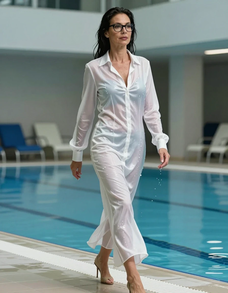 photo of young woman, in soaking wet, drenched clothes,
stilletto shoes, maxi white flared silk satin shirt dress, maxi white flared silk satin shirt dress,  walking after swim in indoor swimming pool, enjoying wet clothes stuck body, enjoying, wet clothes stuck to body, 
enjoying, wet clothes stuck to body,
detailed textures of the wet clothes, wet face, wet plastered hair,
wet, drenched, professional, high-quality details, full body view.
sharp focus, ultra-high pixel detail, realistic, high-quality, full colors, incredibly detailed, 4k, 8k, 16k, hyper-realistic, RAW photo, masterpiece, ultra-detailed, professionally color graded, professional photograph, europen brunette skinny woman 50 years old, long dark black hair, very big and thick lips,  office glasses, complete body, wet skin, wet clothes, damp fabric, wet skin, wet clothes, damp fabric, wet skin, wet clothes, damp fabric, wet skin, wet clothes, damp fabric, wet skin, wet clothes, damp fabric, wet skin, wet clothes, damp fabric, wet skin, wet clothes, damp fabric