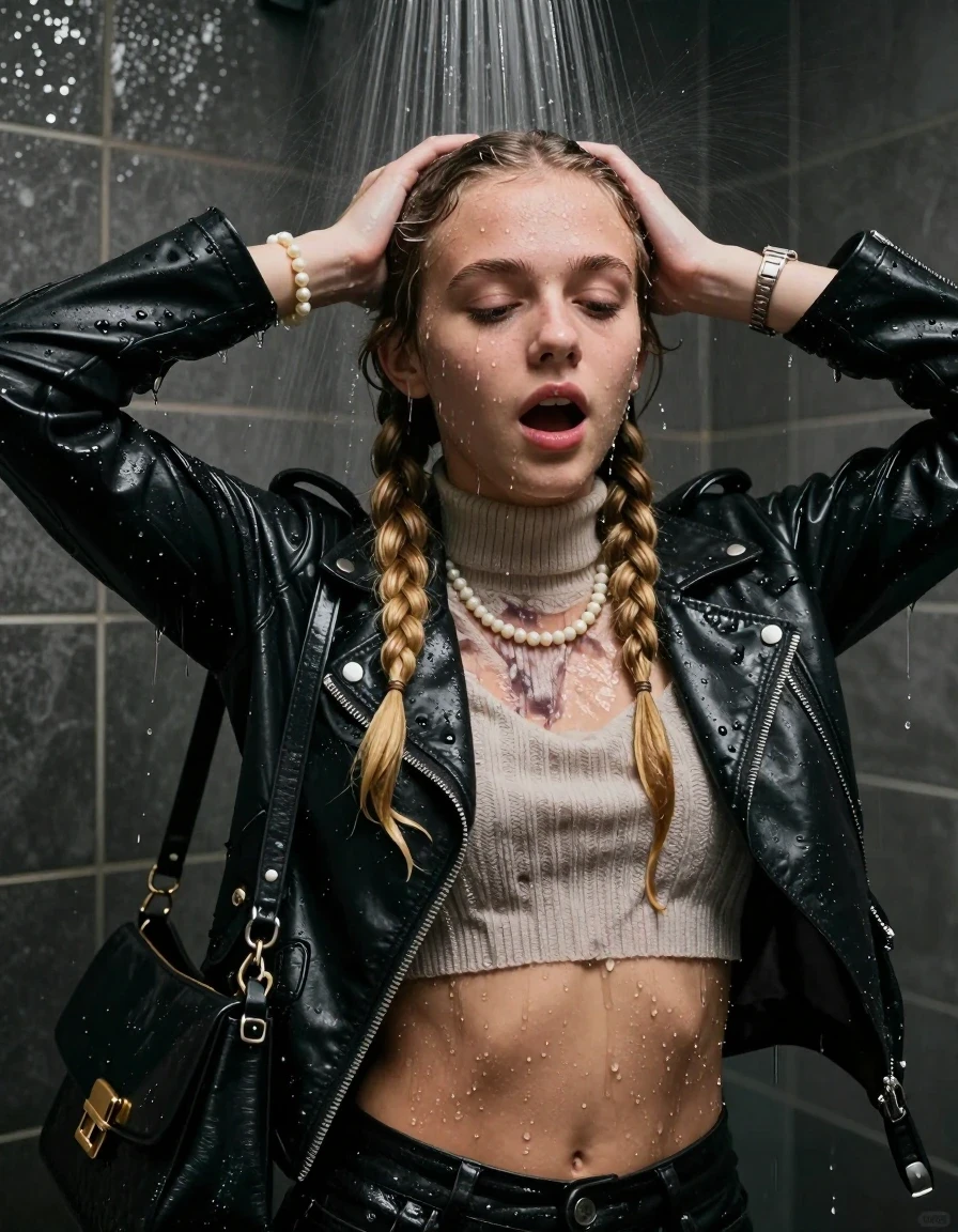 photo of young woman, in soaking wet, drenched clothes,
, , Biker leatherjacket, knit turtleneck sweater belly free, handbag, pearl necklace, bracelet, wristwatch, Under the shower, strong jet of water, party room, 
enjoying, wet clothes stuck to body,
detailed textures of the wet clothes, wet face, wet plastered hair,
wet, drenched, professional, high-quality details, full body view.
sharp focus, ultra-high pixel detail, realistic, high-quality, full colors, incredibly detailed, 4k, 8k, 16k, hyper-realistic, RAW photo, masterpiece, ultra-detailed, professionally color graded, professional photograph, Two blonde long braids 

 15 years old  school girl

Only head and shoulders are over the surface visible. Open mouth, closed eyes. Looking at camera. Hold her hands on her head.

The girls wear different clothes.

she is completely underwater up to her neck, surprised and astonished expression. 

her clothing is soaking wet and clinging tightly to her skin, showing heavy wet folds, darkened fabric texture, and deep water-saturated Patches, her clothes are heavy from the water, water runs from her body and her clothes in streams. A lot of water also runs out of her clothes. Her clothes are darkened by the water. Her submerged clothes are good visible under the water.  she soaked her handbag into the water.

close up view, wet skin, wet clothes, wet hair, damp fabric, water runs down the clothes, wet skin, wet clothes, damp fabric. cinematic medium shot, hyper-realistic wetness, high-contrast water sheen, sharp focus, 16k resolution, professional photography, realistic water physics., wet skin, wet clothes, damp fabric, wet skin, wet clothes, damp fabric, wet skin, wet clothes, damp fabric, wet skin, wet clothes, damp fabric