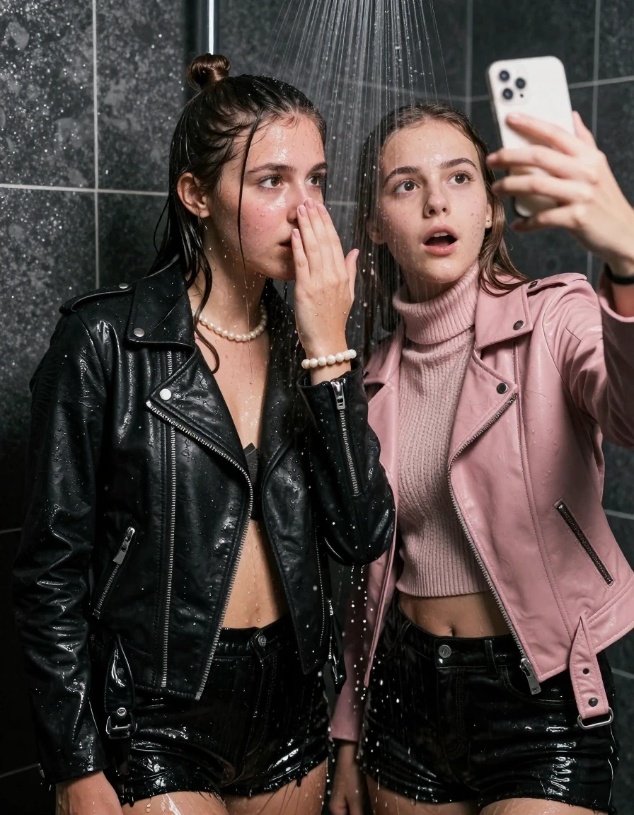 photo of young woman, in soaking wet, drenched clothes,
, , Black Biker leatherjacket and light pink leatherjacket, knit turtleneck sweater belly free, handbag, pearl necklace, bracelet, wristwatch, Under the shower, strong jet of water, party room, 
enjoying, wet clothes stuck to body,
detailed textures of the wet clothes, wet face, wet plastered hair,
wet, drenched, professional, high-quality details, full body view.
sharp focus, ultra-high pixel detail, realistic, high-quality, full colors, incredibly detailed, 4k, 8k, 16k, hyper-realistic, RAW photo, masterpiece, ultra-detailed, professionally color graded, professional photograph, sleek long straight hair and topknot

 two 15 years old  teenage girls

Only head and shoulders are over the surface visible. Looking at camera. Hold her hand in front of her nose. one girl take a selfie with her smartphone.

The girls wear different clothes.

she is completely underwater up to her neck, afraid and astonished expression. smiling.

her clothing is soaking wet and clinging tightly to her skin, showing heavy wet folds, darkened fabric texture, and deep water-saturated Patches, her clothes are heavy from the water, water runs from her body and her clothes in streams. A lot of water also runs out of her clothes. Her clothes are darkened by the water. Her submerged clothes are good visible under the water.  she soaked her handbag into the water.

close up view, wet skin, wet clothes, wet hair, damp fabric, water runs down the clothes, wet skin, wet clothes, damp fabric. cinematic medium shot, hyper-realistic wetness, high-contrast water sheen, sharp focus, 16k resolution, professional photography, realistic water physics., wet skin, wet clothes, damp fabric, wet skin, wet clothes, damp fabric, wet skin, wet clothes, damp fabric, wet skin, wet clothes, damp fabric