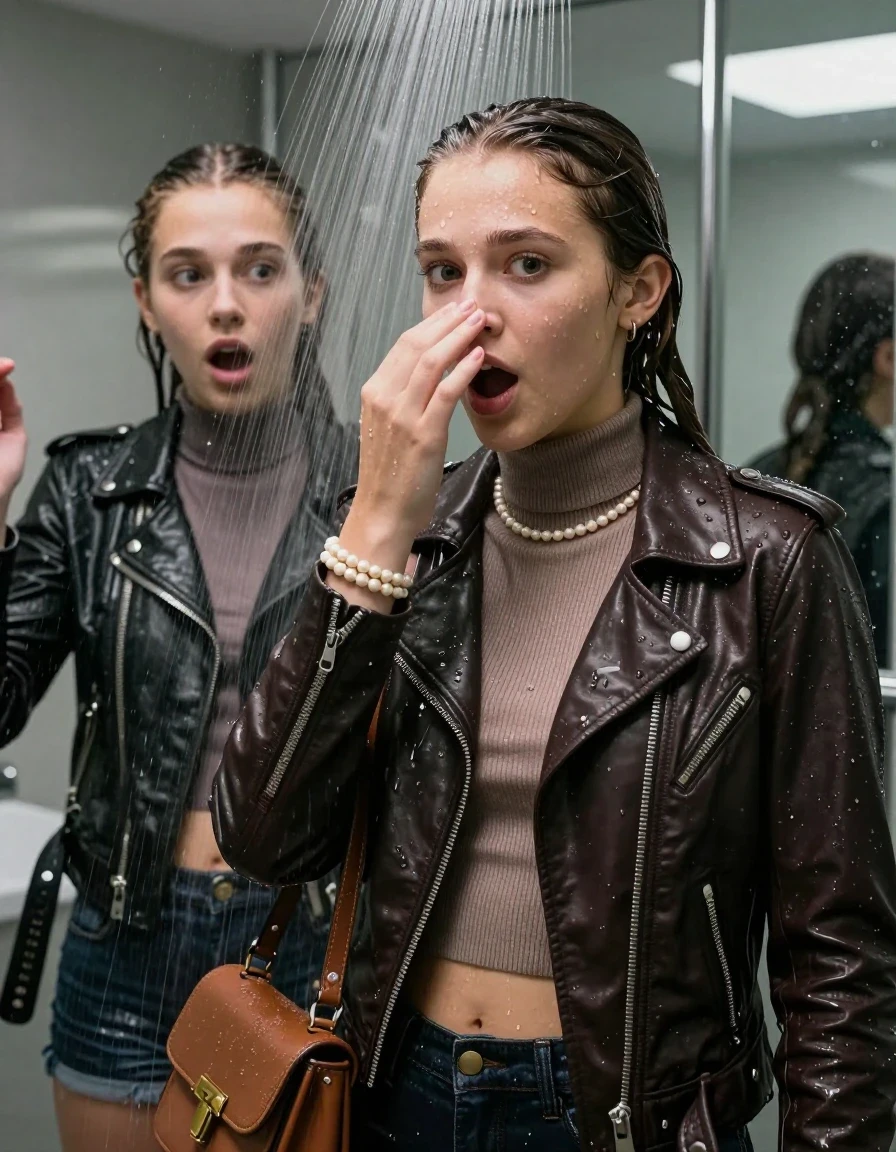 photo of young woman, in soaking wet, drenched clothes,
, , black Biker leatherjacket and brown biker leatherjacket, Tight knit turtleneck sweater belly free, handbag, pearl necklace, bracelet, wristwatch, Under the shower, strong jet of water, modern mirrored bathroom, 
enjoying, wet clothes stuck to body,
detailed textures of the wet clothes, wet face, wet plastered hair,
wet, drenched, professional, high-quality details, full body view.
sharp focus, ultra-high pixel detail, realistic, high-quality, full colors, incredibly detailed, 4k, 8k, 16k, hyper-realistic, RAW photo, masterpiece, ultra-detailed, professionally color graded, professional photograph, sleek long twisted ponytail

Two 15 years old  teenage girl

Only head and shoulders are over the surface visible. Open mouth, big eyes. Looking at camera. Hold a hand over her nose.

she is completely underwater up to her neck, surprised and astonished expression. 

her submerged clothes are hardly vusible under water, she soaked her handbag into the water

close up view, wet skin, wet clothes, wet hair, damp fabric, water runs down the clothes, wet skin, wet clothes, damp fabric., wet skin, wet clothes, damp fabric, wet skin, wet clothes, damp fabric, wet skin, wet clothes, damp fabric, wet skin, wet clothes, damp fabric, wet skin, wet clothes, damp fabric, wet skin, wet clothes, damp fabric, wet skin, wet clothes, damp fabric, wet skin, wet clothes, damp fabric, wet skin, wet clothes, damp fabric