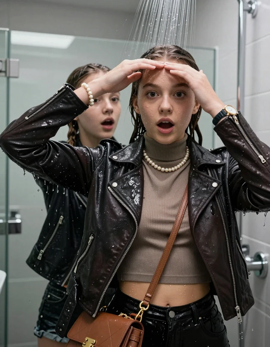 photo of young woman, in soaking wet, drenched clothes,
, , black Biker leatherjacket and brown biker leatherjacket, Tight knit turtleneck sweater belly free, handbag, pearl necklace, bracelet, wristwatch, Under the shower, strong jet of water, modern mirrored bathroom, 
enjoying, wet clothes stuck to body,
detailed textures of the wet clothes, wet face, wet plastered hair,
wet, drenched, professional, high-quality details, full body view.
sharp focus, ultra-high pixel detail, realistic, high-quality, full colors, incredibly detailed, 4k, 8k, 16k, hyper-realistic, RAW photo, masterpiece, ultra-detailed, professionally color graded, professional photograph, sleek long twisted ponytail

Two 15 years old  teenage girl

Only head and shoulders are over the surface visible. Open mouth, big eyes. Looking at camera. Hold a hand over her forehead.

she is completely underwater up to her neck, surprised and astonished expression. 

her submerged clothes are hardly vusible under water, she soaked her handbag into the water

close up view, wet skin, wet clothes, wet hair, damp fabric, water runs down the clothes, wet skin, wet clothes, damp fabric., wet skin, wet clothes, damp fabric, wet skin, wet clothes, damp fabric, wet skin, wet clothes, damp fabric, wet skin, wet clothes, damp fabric, wet skin, wet clothes, damp fabric, wet skin, wet clothes, damp fabric, wet skin, wet clothes, damp fabric, wet skin, wet clothes, damp fabric, wet skin, wet clothes, damp fabric