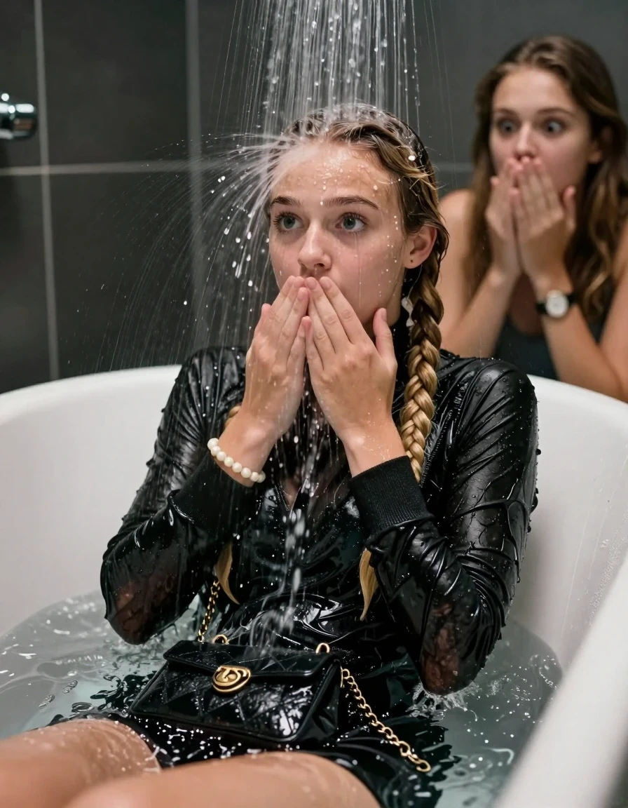 photo of young woman, in soaking wet, drenched clothes,
, , Black knit turtleneck sweater belly free, handbag, pearl necklace, bracelet, wristwatch, 15-year-old teenage Girl relaxing directly under a heavy powerful stream of water in a bathtube of a modern bathroom, a shocked friend sits beside the tube and watching her, 
enjoying, wet clothes stuck to body,
detailed textures of the wet clothes, wet face, wet plastered hair,
wet, drenched, professional, high-quality details, full body view.
sharp focus, ultra-high pixel detail, realistic, high-quality, full colors, incredibly detailed, 4k, 8k, 16k, hyper-realistic, RAW photo, masterpiece, ultra-detailed, professionally color graded, professional photograph, Behind view: 15-year-old teenage girl.
wet plastered hair. Blonde boxer braids

 15 years old  teenage girl

Only head and shoulders are over the surface visible. Looking slightly away. The water splashes directly into her face. Hold her hand over her mouth.  open mouth, big eyes.

The girls wear different clothes.

she is completely underwater up to her neck, afraid and astonished expression. 

her clothing is soaking wet and clinging tightly to her skin, showing heavy wet folds, darkened fabric texture, and deep water-saturated Patches, her clothes are heavy from the water, water runs from her body and her clothes in streams. A lot of water also runs out of her clothes. Her clothes are darkened by the water. Her submerged clothes are good visible under the water.  she soaked her handbag into the water.

close up view, wet skin, wet clothes, wet hair, damp fabric, water runs down the clothes, wet skin, wet clothes, damp fabric. cinematic medium shot, hyper-realistic wetness, high-contrast water sheen, sharp focus, 16k resolution, professional photography, realistic water physics., wet skin, wet clothes, damp fabric, wet skin, wet clothes, damp fabric, wet skin, wet clothes, damp fabric, wet skin, wet clothes, damp fabric, wet skin, wet clothes, damp fabric, wet skin, wet clothes, damp fabric
