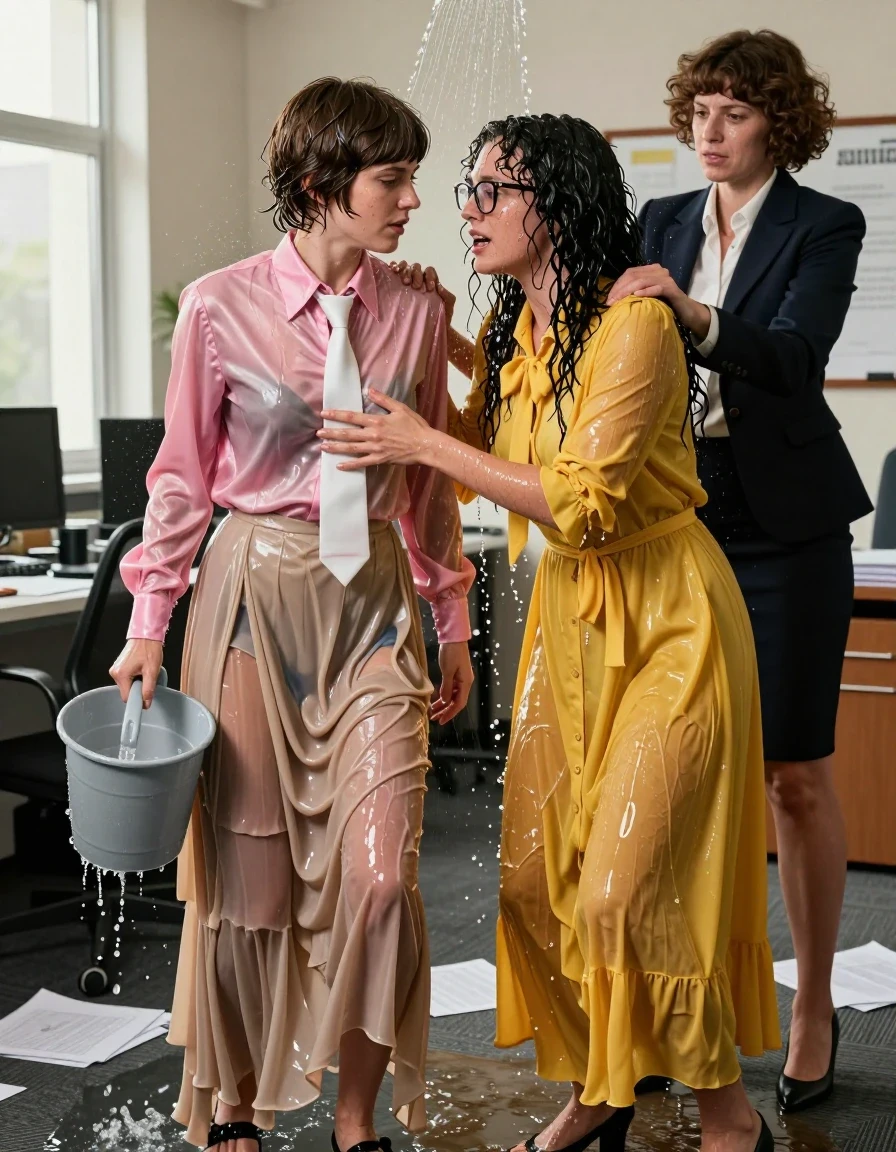A photorealistic, highly detailed scene inside a sunlit business office featuring two nerdy European lesbian teachers, deeply in love. The first woman, with a Beatles-style haircut, wears a pink satin long-sleeved oversized buttoned-down blouse, a white necktie, and a beige floor-length excessively long silk skirt with layers of petticoat, paired with sandals. The second woman has long curly hair, wears glasses, and is dressed in a long floor-length buttoned-down yellow dress with a pussy bow. They are both being punished by a dominant female school director dressed in sharp business casual attire, who is dousing them with buckets of water. The scene shows the women completely drenched: hair matted and dripping, skin glistening with water sheen, and clothing heavily soaked. The pink satin blouse and beige silk skirt are clinging to their bodies, showing heavy wet folds, darkened fabric tones, and translucent patches where the material is saturated. The yellow dress is darkened and weighted by water, with visible water streaming down the fabric. The office environment features scattered papers and office furniture, with water splashing in mid-air, creating a dynamic, high-tension atmosphere. Cinematic lighting, 8k resolution, sharp focus on the textures of wet silk, satin, and skin, capturing the emotional intensity and the glistening, saturated state of the clothing and subjects.