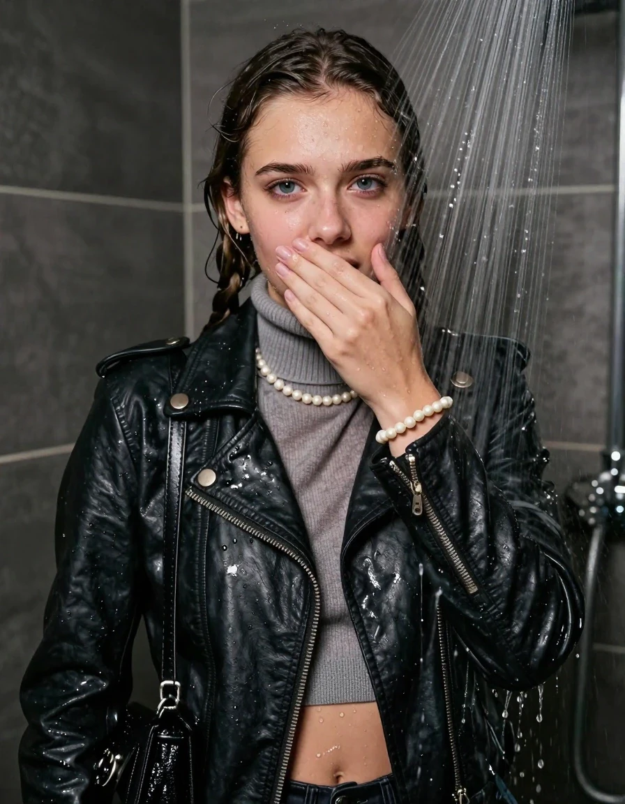 photo of young woman, in soaking wet, drenched clothes,
, , Biker leatherjacket, knit turtleneck sweater belly free, handbag, pearl necklace, bracelet, wristwatch, Under the shower, strong jet of water, party room, 
enjoying, wet clothes stuck to body,
detailed textures of the wet clothes, wet face, wet plastered hair,
wet, drenched, professional, high-quality details, full body view.
sharp focus, ultra-high pixel detail, realistic, high-quality, full colors, incredibly detailed, 4k, 8k, 16k, hyper-realistic, RAW photo, masterpiece, ultra-detailed, professionally color graded, professional photograph, pigtails

 15 years old  teenage girl

Only head and shoulders are over the surface visible. Looking at camera. Hold her hand over her mouth.

The girls wear different clothes.

she is completely underwater up to her neck, afraid and embarrassed expression. 

her clothing is soaking wet and clinging tightly to her skin, showing heavy wet folds, darkened fabric texture, and deep water-saturated Patches, her clothes are heavy from the water, water runs from her body and her clothes in streams. A lot of water also runs out of her clothes. Her clothes are darkened by the water. Her submerged clothes are good visible under the water.  she soaked her handbag into the water.

close up view, wet skin, wet clothes, wet hair, damp fabric, water runs down the clothes, wet skin, wet clothes, damp fabric. cinematic medium shot, hyper-realistic wetness, high-contrast water sheen, sharp focus, 8k resolution, professional photography, realistic water physics., wet skin, wet clothes, damp fabric, wet skin, wet clothes, damp fabric, wet skin, wet clothes, damp fabric