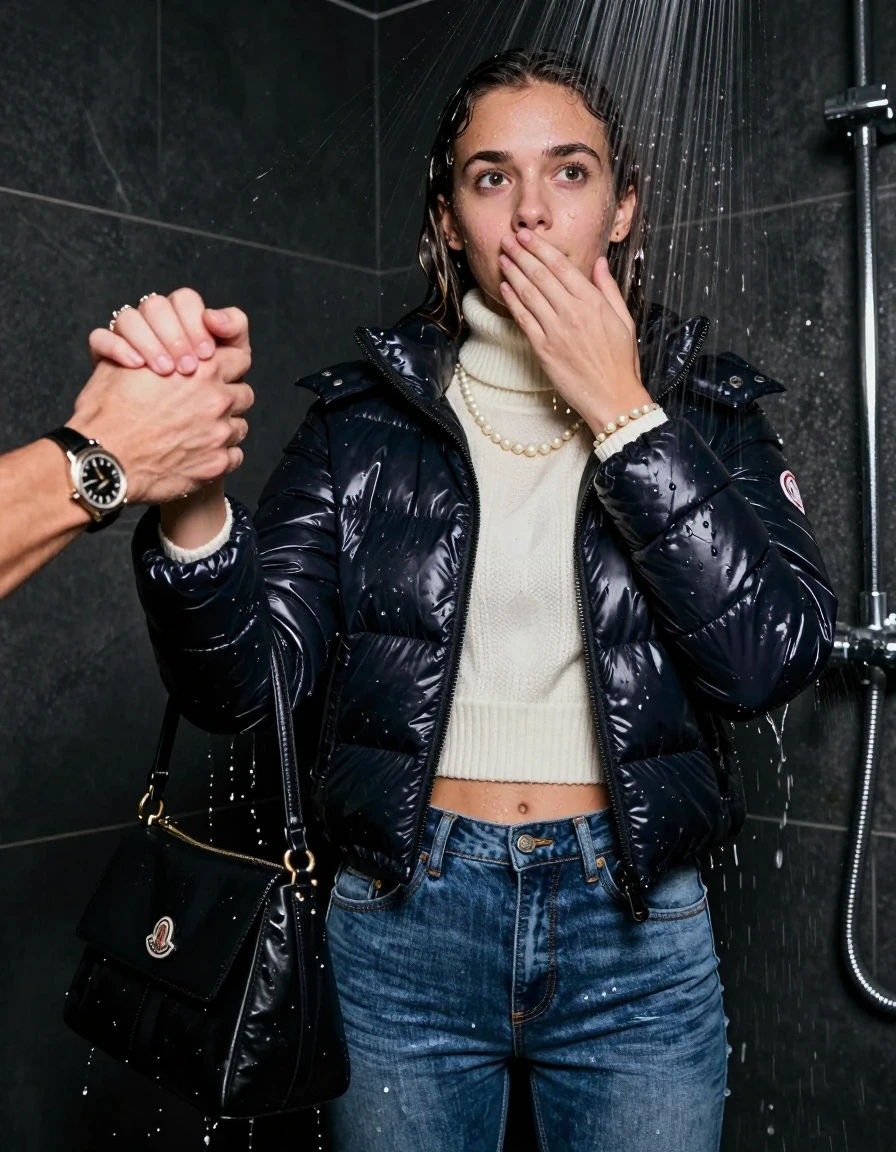 photo of young woman, in soaking wet, drenched clothes,
, Tight Skinny jeans, Moncler shiny puffer down jacket , white knit turtleneck sweater belly free, handbag, pearl necklace, bracelet, wristwatch, Under the shower, strong jet of water, party room, 
enjoying, wet clothes stuck to body,
detailed textures of the wet clothes, wet face, wet plastered hair,
wet, drenched, professional, high-quality details, full body view.
sharp focus, ultra-high pixel detail, realistic, high-quality, full colors, incredibly detailed, 4k, 8k, 16k, hyper-realistic, RAW photo, masterpiece, ultra-detailed, professionally color graded, professional photograph, Collarbone bob, wer plastered hair

 15-years-old teenage girl

 0ne hand over her mouth, hold with the other the female viewer's hand, pulling them toward the center of the water. 

Only head and shoulders are over the surface visible. Looking up. 

The girls wear different clothes.

she is completely underwater up to her neck, afraid and astonished expression. Slight smile.

her clothing is soaking wet and clinging tightly to her skin, showing heavy wet folds, darkened fabric texture, and deep water-saturated Patches, her clothes are heavy from the water, water runs from her body and her clothes in streams. A lot of water also runs out of her clothes. Her clothes are darkened by the water. Her submerged clothes are good visible under the water.  she soaked her handbag into the water.

close up view, wet skin, wet clothes, wet hair, damp fabric, water runs down the clothes, wet skin, wet clothes, damp fabric. cinematic medium shot, hyper-realistic wetness, high-contrast water sheen, sharp focus, 16k resolution, professional photography, realistic water physics., wet skin, wet clothes, damp fabric, wet skin, wet clothes, damp fabric, wet skin, wet clothes, damp fabric