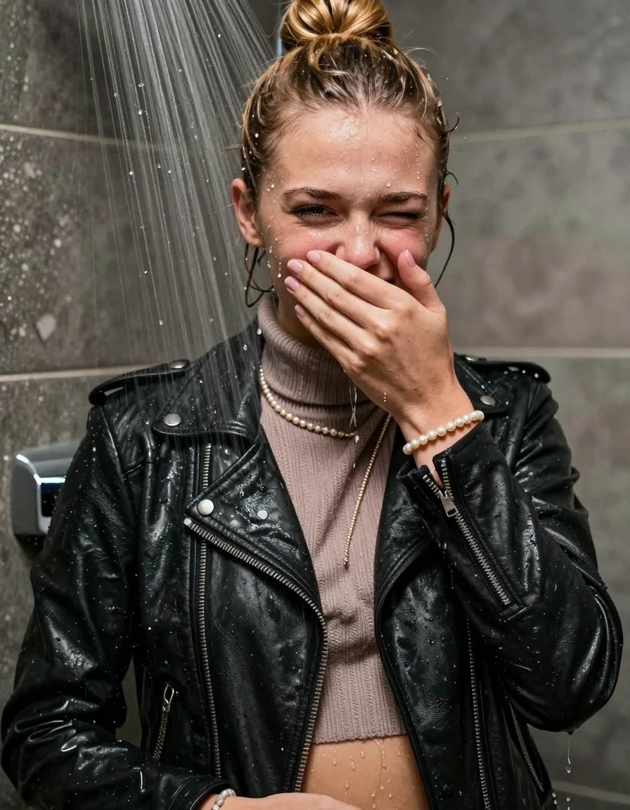 photo of young woman, in soaking wet, drenched clothes,
, , Biker leatherjacket, knit turtleneck sweater belly free, handbag, pearl necklace, bracelet, wristwatch, Under the shower, strong jet of water, party room, 
enjoying, wet clothes stuck to body,
detailed textures of the wet clothes, wet face, wet plastered hair,
wet, drenched, professional, high-quality details, full body view.
sharp focus, ultra-high pixel detail, realistic, high-quality, full colors, incredibly detailed, 4k, 8k, 16k, hyper-realistic, RAW photo, masterpiece, ultra-detailed, professionally color graded, professional photograph, Blonde topknot

 13-years-old  teenage girl

Only head and shoulders are over the surface visible. Looking at camera. Hold one hand over her mouth and nose. half closed eyes.

The girls wear different clothes.

she is completely underwater up to her neck, shy and embarrassed expression, but she giggles. 

her clothing is soaking wet and clinging tightly to her skin, showing heavy wet folds, darkened fabric texture, and deep water-saturated Patches, her clothes are heavy from the water, water runs from her body and her clothes in streams. A lot of water also runs out of her clothes. Her clothes are darkened by the water. Her submerged clothes are good visible under the water.  she soaked her handbag into the water.

close up view, wet skin, wet clothes, wet hair, damp fabric, water runs down the clothes, wet skin, wet clothes, damp fabric. cinematic medium shot, hyper-realistic wetness, high-contrast water sheen, sharp focus, 16k resolution, professional photography, realistic water physics., wet skin, wet clothes, damp fabric, wet skin, wet clothes, damp fabric, wet skin, wet clothes, damp fabric