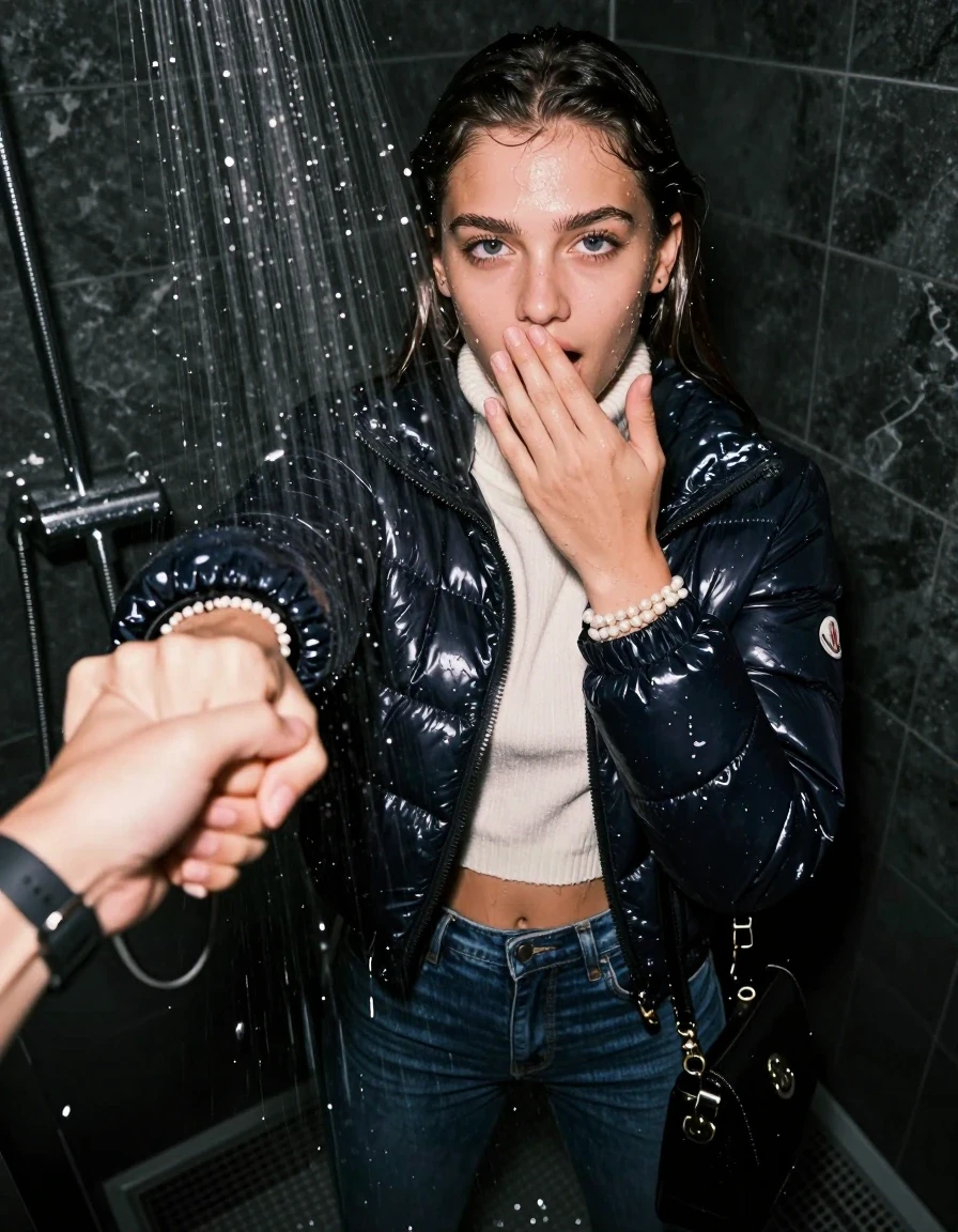 photo of young woman, in soaking wet, drenched clothes,
Heels, Tight Skinny jeans, Moncler shiny puffer down jacket , white knit turtleneck sweater belly free, handbag, pearl necklace, bracelet, wristwatch, Under the shower, strong jet of water, party room, 
enjoying, wet clothes stuck to body,
detailed textures of the wet clothes, wet face, wet plastered hair,
wet, drenched, professional, high-quality details, full body view.
sharp focus, ultra-high pixel detail, realistic, high-quality, full colors, incredibly detailed, 4k, 8k, 16k, hyper-realistic, RAW photo, masterpiece, ultra-detailed, professionally color graded, professional photograph, sleek long straight hair, wer plastered hair

 15-years-old teenage girl

open mouth, big eyes. 0ne hand with a finger at her tongue  inside her mouth, hold with the other the female viewer's hand, pulling them toward the center of the water. 

Only head and shoulders are over the surface visible. Open mouth, big eyes. Looking at camera. Cover her mouth and nose with her hands.

The girls wear different clothes.

she is completely underwater up to her neck, horny and sexuell aroused expression. 

her clothing is soaking wet and clinging tightly to her skin, showing heavy wet folds, darkened fabric texture, and deep water-saturated Patches, her clothes are heavy from the water, water runs from her body and her clothes in streams. A lot of water also runs out of her clothes. Her clothes are darkened by the water. Her submerged clothes are good visible under the water.  she soaked her handbag into the water.

close up view, wet skin, wet clothes, wet hair, damp fabric, water runs down the clothes, wet skin, wet clothes, damp fabric. cinematic medium shot, hyper-realistic wetness, high-contrast water sheen, sharp focus, 16k resolution, professional photography, realistic water physics., wet skin, wet clothes, damp fabric, wet skin, wet clothes, damp fabric, wet skin, wet clothes, damp fabric