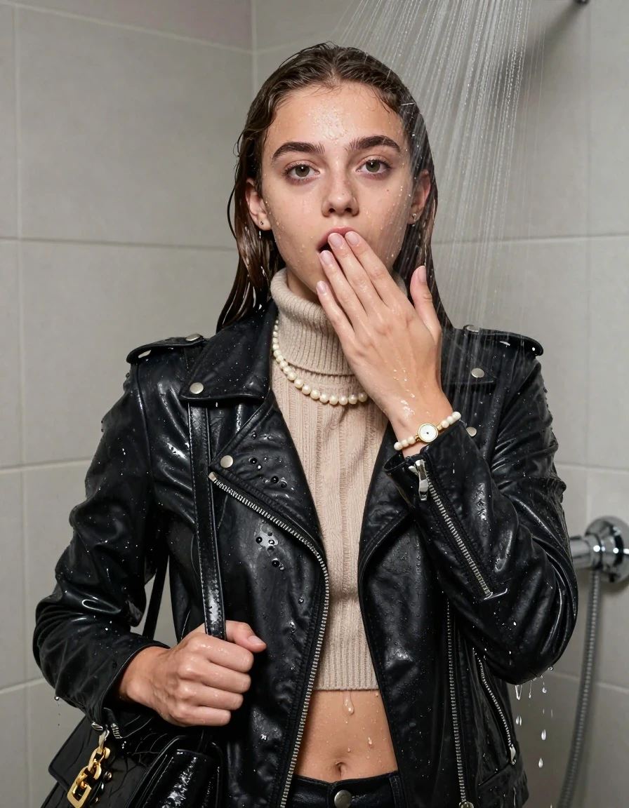 photo of young woman, in soaking wet, drenched clothes,
, , Biker leatherjacket, knit turtleneck sweater belly free, handbag, pearl necklace, bracelet, wristwatch, Under the shower, strong jet of water, party room, 
enjoying, wet clothes stuck to body,
detailed textures of the wet clothes, wet face, wet plastered hair,
wet, drenched, professional, high-quality details, full body view.
sharp focus, ultra-high pixel detail, realistic, high-quality, full colors, incredibly detailed, 4k, 8k, 16k, hyper-realistic, RAW photo, masterpiece, ultra-detailed, professionally color graded, professional photograph, sleek long straight hair

 15 years old  teenage girl

Only head and shoulders are over the surface visible. Open mouth, big eyes. Looking at camera. Hold her hand on her mouth.

The girls wear different clothes.

she is completely underwater up to her neck, surprised and astonished expression. 

her clothing is soaking wet and clinging tightly to her skin, showing heavy wet folds, darkened fabric texture, and deep water-saturated Patches, her clothes are heavy from the water, water runs from her body and her clothes in streams. A lot of water also runs out of her clothes. Her clothes are darkened by the water. Her submerged clothes are good visible under the water.  she soaked her handbag into the water.

close up view, wet skin, wet clothes, wet hair, damp fabric, water runs down the clothes, wet skin, wet clothes, damp fabric. cinematic medium shot, hyper-realistic wetness, high-contrast water sheen, sharp focus, 8k resolution, professional photography, realistic water physics., wet skin, wet clothes, damp fabric, wet skin, wet clothes, damp fabric
