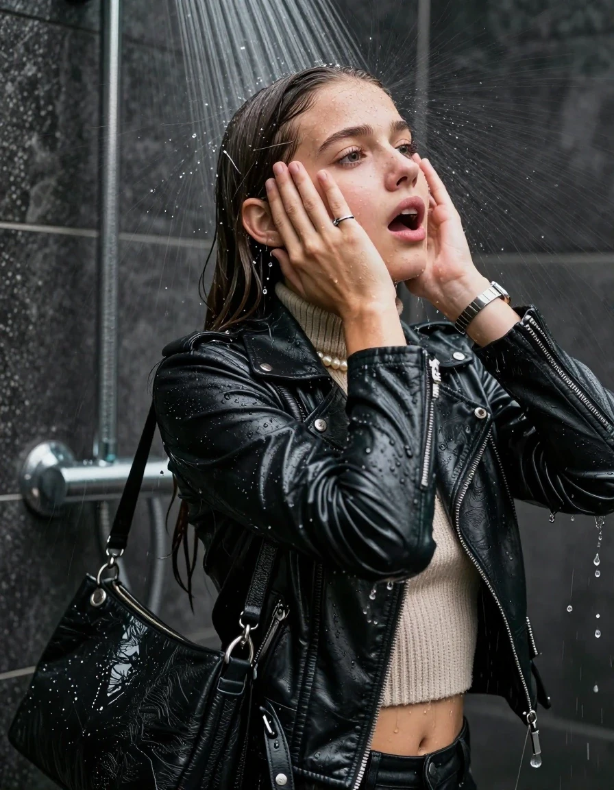 photo of young woman, in soaking wet, drenched clothes,
, , biker leatherjacket, knit turtleneck sweater belly free, handbag, pearl necklace, bracelet, wristwatch, Under the shower, strong jet of water, party shower, 
enjoying, wet clothes stuck to body,
detailed textures of the wet clothes, wet face, wet plastered hair,
wet, drenched, professional, high-quality details, full body view.
sharp focus, ultra-high pixel detail, realistic, high-quality, full colors, incredibly detailed, 4k, 8k, 16k, hyper-realistic, RAW photo, masterpiece, ultra-detailed, professionally color graded, professional photograph, sleek long straight hair

 15 years old  teenage girl

Only head and shoulders are over the surface visible. Looking back. The water splashes directly into her face. Hold her hands over her face.  open mouth, big eyes.

The girls wear different clothes.

she is completely underwater up to her neck, shocked and embarrassed expression. 

her clothing is soaking wet and clinging tightly to her skin, showing heavy wet folds, darkened fabric texture, and deep water-saturated Patches, her clothes are heavy from the water, water runs from her body and her clothes in streams. A lot of water also runs out of her clothes. Her clothes are darkened by the water. Her submerged clothes are good visible under the water.  she soaked her handbag into the water.

close up view, wet skin, wet clothes, wet hair, damp fabric, water runs down the clothes, wet skin, wet clothes, damp fabric. cinematic medium shot, hyper-realistic wetness, high-contrast water sheen, sharp focus, 16k resolution, professional photography, realistic water physics., wet skin, wet clothes, damp fabric, wet skin, wet clothes, damp fabric, wet skin, wet clothes, damp fabric, wet skin, wet clothes, damp fabric