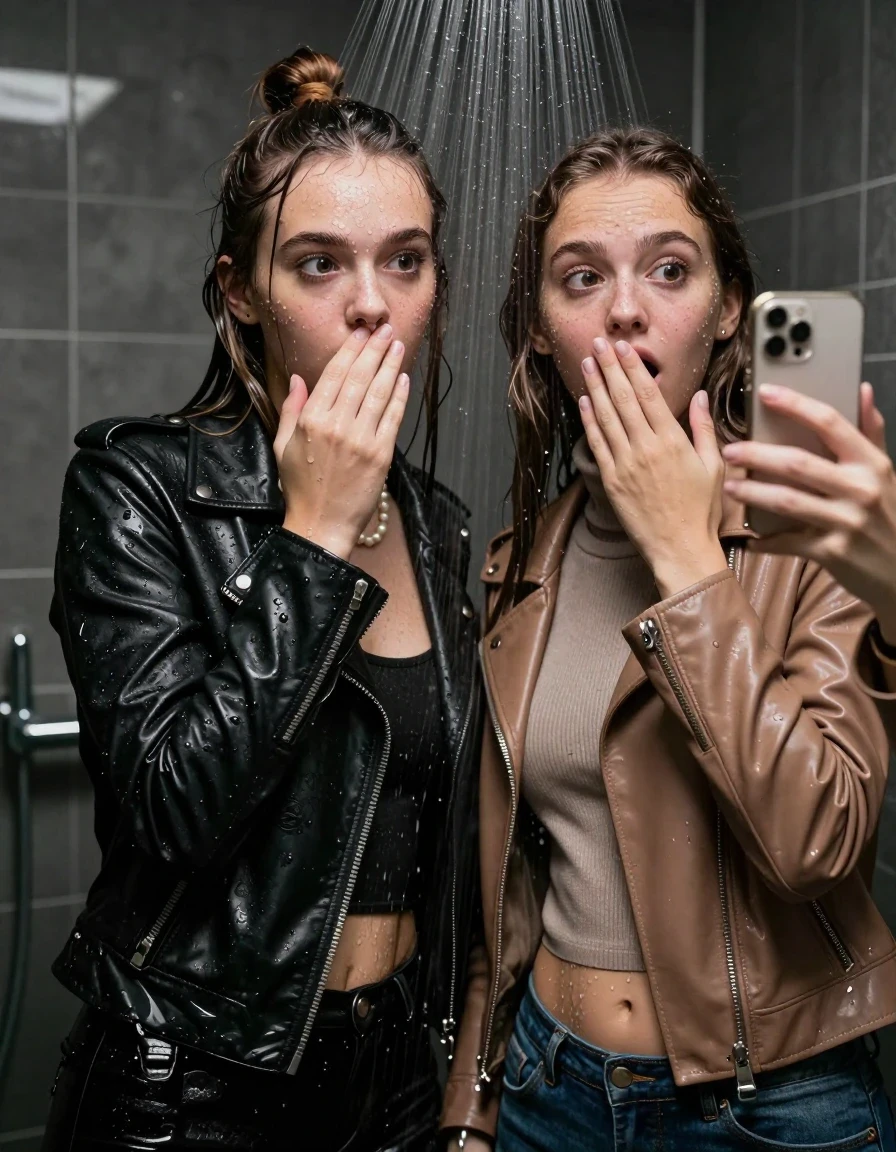 photo of young woman, in soaking wet, drenched clothes,
, , Black Biker leatherjacket and light brown leatherjacket, tight knit turtleneck sweater belly free, handbag, pearl necklace, bracelet, wristwatch, Under the shower, strong jet of water, party room, 
enjoying, wet clothes stuck to body,
detailed textures of the wet clothes, wet face, wet plastered hair,
wet, drenched, professional, high-quality details, full body view.
sharp focus, ultra-high pixel detail, realistic, high-quality, full colors, incredibly detailed, 4k, 8k, 16k, hyper-realistic, RAW photo, masterpiece, ultra-detailed, professionally color graded, professional photograph, sleek long straight hair and topknot

 two 15 years old  teenage girls

Only head and shoulders are over the surface visible. Open mouth, big eyes. Looking at camera. one Hold her hand in front of her nose. one hold her hand on her mouth. one girl take a selfie with her smartphone.

The girls wear different clothes.

she is completely underwater up to her neck, frightened and astonished expression. 

her clothing is soaking wet and clinging tightly to her skin, showing heavy wet folds, darkened fabric texture, and deep water-saturated Patches, her clothes are heavy from the water, water runs from her body and her clothes in streams. A lot of water also runs out of her clothes. Her clothes are darkened by the water. Her submerged clothes are good visible under the water.  she soaked her handbag into the water.

close up view, wet skin, wet clothes, wet hair, damp fabric, water runs down the clothes, wet skin, wet clothes, damp fabric. cinematic medium shot, hyper-realistic wetness, high-contrast water sheen, sharp focus, 16k resolution, professional photography, realistic water physics., wet skin, wet clothes, damp fabric, wet skin, wet clothes, damp fabric, wet skin, wet clothes, damp fabric