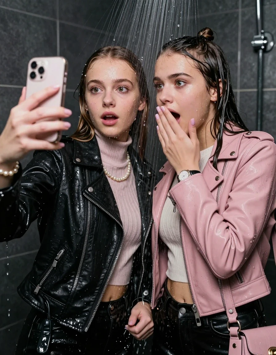 photo of young woman, in soaking wet, drenched clothes,
, , Black Biker leatherjacket and light pink leatherjacket, knit turtleneck sweater belly free, handbag, pearl necklace, bracelet, wristwatch, Under the shower, strong jet of water, party room, 
enjoying, wet clothes stuck to body,
detailed textures of the wet clothes, wet face, wet plastered hair,
wet, drenched, professional, high-quality details, full body view.
sharp focus, ultra-high pixel detail, realistic, high-quality, full colors, incredibly detailed, 4k, 8k, 16k, hyper-realistic, RAW photo, masterpiece, ultra-detailed, professionally color graded, professional photograph, sleek long straight hair and topknot

 two 15 years old  teenage girls

Only head and shoulders are over the surface visible. Open mouth, big eyes. Looking at camera. Hold her hand in front of her mouth. one girl take a selfie with her smartphone.

The girls wear different clothes.

she is completely underwater up to her neck, afraid and astonished expression. Slightly smile.

her clothing is soaking wet and clinging tightly to her skin, showing heavy wet folds, darkened fabric texture, and deep water-saturated Patches, her clothes are heavy from the water, water runs from her body and her clothes in streams. A lot of water also runs out of her clothes. Her clothes are darkened by the water. Her submerged clothes are good visible under the water.  she soaked her handbag into the water.

close up view, wet skin, wet clothes, wet hair, damp fabric, water runs down the clothes, wet skin, wet clothes, damp fabric. cinematic medium shot, hyper-realistic wetness, high-contrast water sheen, sharp focus, 16k resolution, professional photography, realistic water physics., wet skin, wet clothes, damp fabric, wet skin, wet clothes, damp fabric, wet skin, wet clothes, damp fabric, wet skin, wet clothes, damp fabric