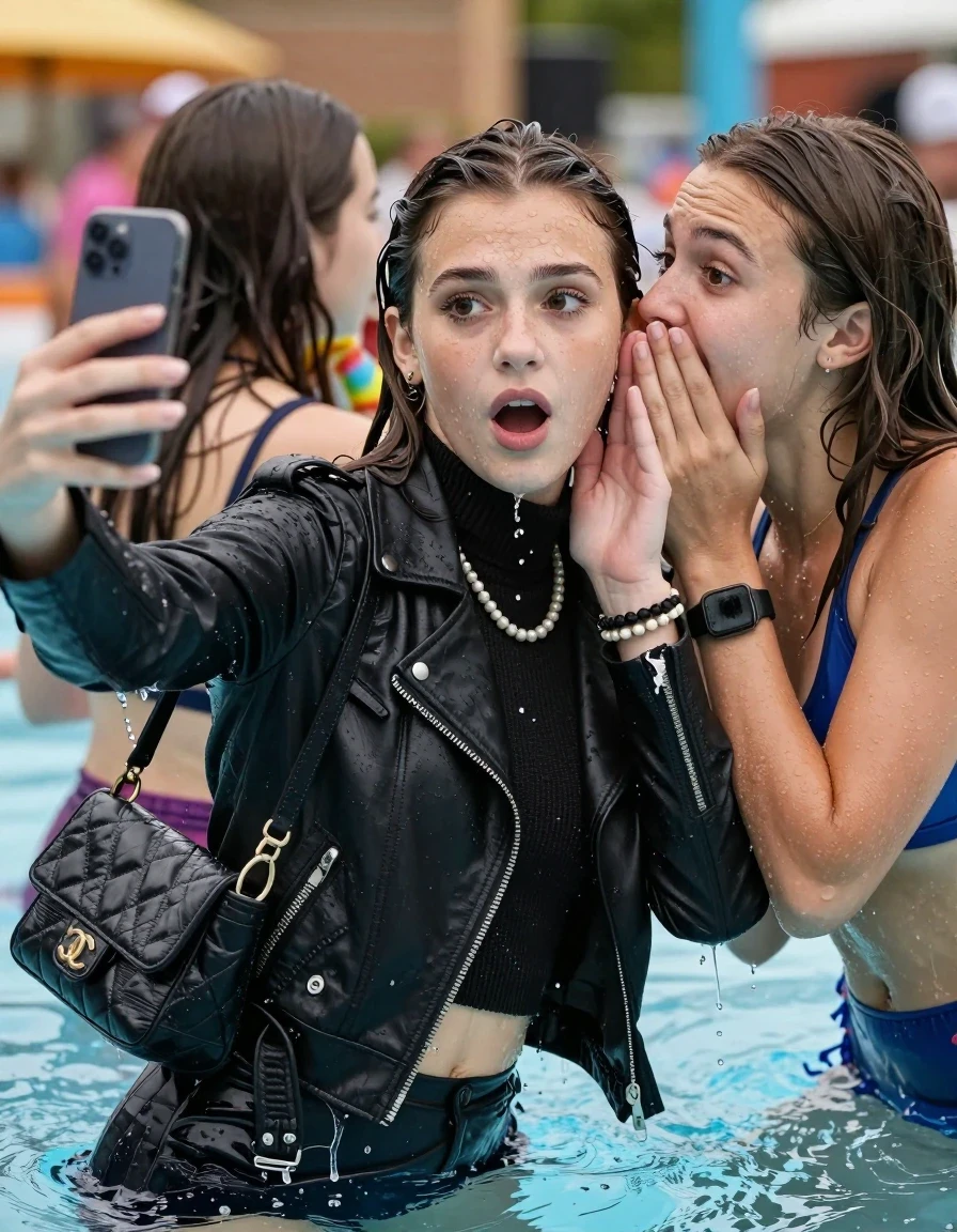 photo of young woman, in soaking wet, drenched clothes,
, , Black biker leatherjacket, knit turtleneck sweater belly free, handbag, pearl necklace, bracelet, wristwatch, Two 15 years old teenage girls submerged in a crowded pool of a waterpark at a pool party. , 
enjoying, wet clothes stuck to body,
detailed textures of the wet clothes, wet face, wet plastered hair,
wet, drenched, professional, high-quality details, full body view.
sharp focus, ultra-high pixel detail, realistic, high-quality, full colors, incredibly detailed, 4k, 8k, 16k, hyper-realistic, RAW photo, masterpiece, ultra-detailed, professionally color graded, professional photograph, Behind view: two 15-year-old teenage girl.
wet plastered hair. Sleek long straight hair.

Only head and shoulders are over the surface visible. Looking at camera. The water splashes directly into her face. Hold her hand on her mouth.  open mouth, big eyes. One whispers a Secret in her friends ear.

The girls wear different clothes.

she is completely underwater up to her neck, afraid and astonished expression. Slightly smile. Take a Selfie with her Smartphone.

her clothing is soaking wet and clinging tightly to her skin, showing heavy wet folds, darkened fabric texture, and deep water-saturated Patches, her clothes are heavy from the water, water runs from her body and her clothes in streams. A lot of water also runs out of her clothes. Her clothes are darkened by the water. Her submerged clothes are good visible under the water.  she soaked her handbag into the water.

close up view, wet skin, wet clothes, wet hair, damp fabric, water runs down the clothes, wet skin, wet clothes, damp fabric. cinematic medium shot, hyper-realistic wetness, high-contrast water sheen, sharp focus, 16k resolution, professional photography, realistic water physics., wet skin, wet clothes, damp fabric, wet skin, wet clothes, damp fabric, wet skin, wet clothes, damp fabric, wet skin, wet clothes, damp fabric, wet skin, wet clothes, damp fabric, wet skin, wet clothes, damp fabric