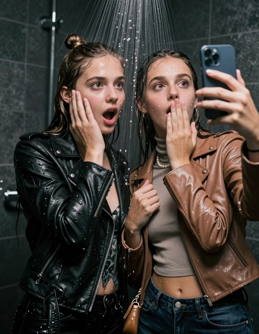 photo of young woman, in soaking wet, drenched clothes,
, , Black Biker leatherjacket and light brown leatherjacket, tight knit turtleneck sweater belly free, handbag, pearl necklace, bracelet, wristwatch, Under the shower, strong jet of water, party room, 
enjoying, wet clothes stuck to body,
detailed textures of the wet clothes, wet face, wet plastered hair,
wet, drenched, professional, high-quality details, full body view.
sharp focus, ultra-high pixel detail, realistic, high-quality, full colors, incredibly detailed, 4k, 8k, 16k, hyper-realistic, RAW photo, masterpiece, ultra-detailed, professionally color graded, professional photograph, sleek long straight hair and topknot

 two 15 years old  teenage girls

Only head and shoulders are over the surface visible. Open mouth, big eyes. Looking at camera. one Hold her hand on her cheek. one hold one hand on her mouth and take with the other hand a selfie with her smartphone.

The girls wear different clothes.

she is completely underwater up to her neck, horny and astonished expression. 

her clothing is soaking wet and clinging tightly to her skin, showing heavy wet folds, darkened fabric texture, and deep water-saturated Patches, her clothes are heavy from the water, water runs from her body and her clothes in streams. A lot of water also runs out of her clothes. Her clothes are darkened by the water. Her submerged clothes are good visible under the water.  she soaked her handbag into the water.

close up view, wet skin, wet clothes, wet hair, damp fabric, water runs down the clothes, wet skin, wet clothes, damp fabric. cinematic medium shot, hyper-realistic wetness, high-contrast water sheen, sharp focus, 16k resolution, professional photography, realistic water physics., wet skin, wet clothes, damp fabric, wet skin, wet clothes, damp fabric, wet skin, wet clothes, damp fabric