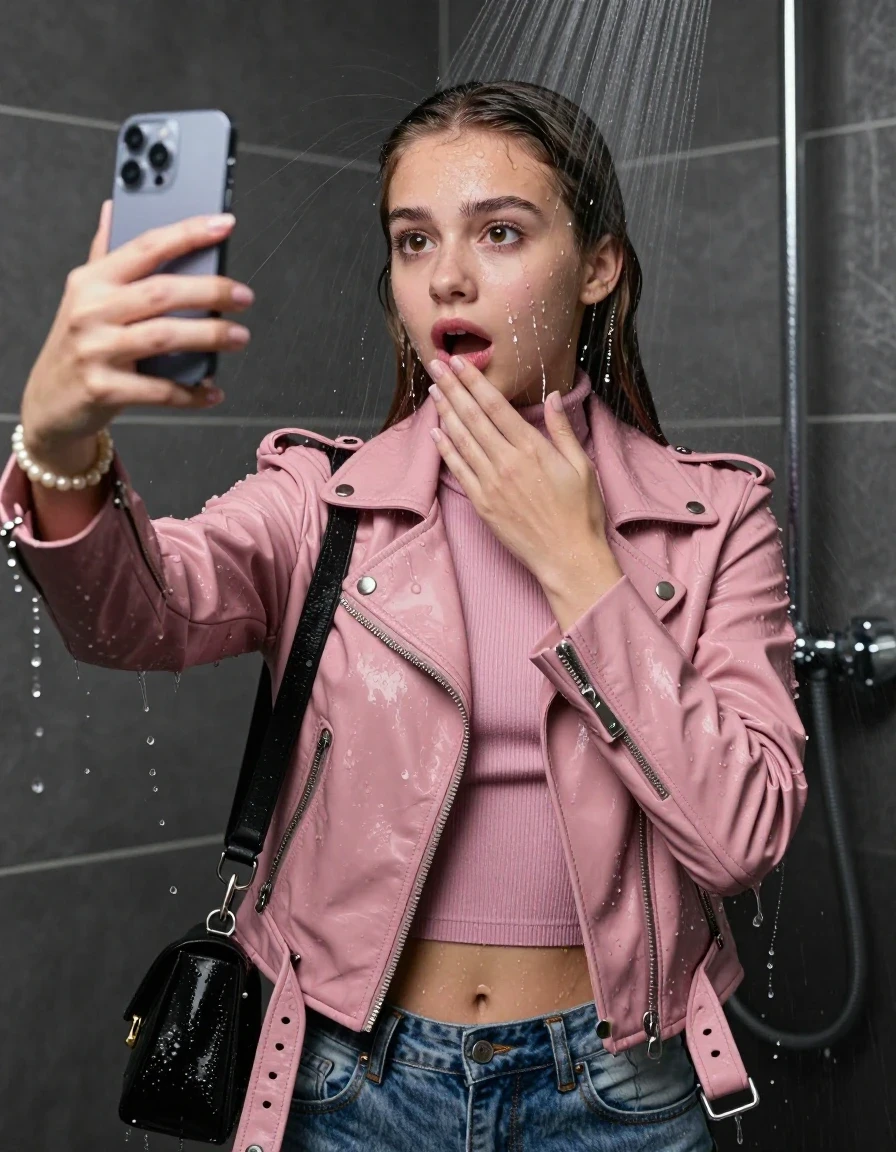 photo of young woman, in soaking wet, drenched clothes,
, , light pink biker leatherjacket, tight knit turtleneck sweater belly free, handbag, pearl necklace, bracelet, wristwatch, Under the shower, strong jet of water, party shower, 
enjoying, wet clothes stuck to body,
detailed textures of the wet clothes, wet face, wet plastered hair,
wet, drenched, professional, high-quality details, full body view.
sharp focus, ultra-high pixel detail, realistic, high-quality, full colors, incredibly detailed, 4k, 8k, 16k, hyper-realistic, RAW photo, masterpiece, ultra-detailed, professionally color graded, professional photograph, sleek long straight hair

 15 years old  teenage girl

Only head and shoulders are over the surface visible. Looking at camera. The water splashes directly into her face. Hold her hands over her chin.  open mouth, big eyes. take a selfie with her smartphone.

The girls wear different clothes.

she is completely underwater up to her neck, shocked and embarrassed expression. 

her clothing is soaking wet and clinging tightly to her skin, showing heavy wet folds, darkened fabric texture, and deep water-saturated Patches, her clothes are heavy from the water, water runs from her body and her clothes in streams. A lot of water also runs out of her clothes. Her clothes are darkened by the water. Her submerged clothes are good visible under the water.  she soaked her handbag into the water.

close up view, wet skin, wet clothes, wet hair, damp fabric, water runs down the clothes, wet skin, wet clothes, damp fabric. cinematic medium shot, hyper-realistic wetness, high-contrast water sheen, sharp focus, 16k resolution, professional photography, realistic water physics., wet skin, wet clothes, damp fabric, wet skin, wet clothes, damp fabric, wet skin, wet clothes, damp fabric, wet skin, wet clothes, damp fabric