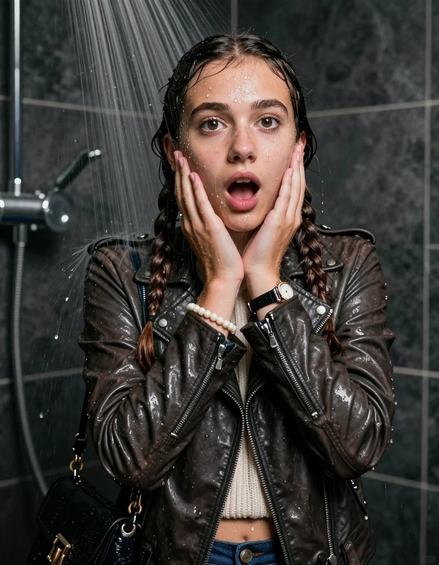 photo of young woman, in soaking wet, drenched clothes,
, , Biker leatherjacket, knit turtleneck sweater belly free, handbag, pearl necklace, bracelet, wristwatch, Under the shower, strong jet of water, party room, 
enjoying, wet clothes stuck to body,
detailed textures of the wet clothes, wet face, wet plastered hair,
wet, drenched, professional, high-quality details, full body view.
sharp focus, ultra-high pixel detail, realistic, high-quality, full colors, incredibly detailed, 4k, 8k, 16k, hyper-realistic, RAW photo, masterpiece, ultra-detailed, professionally color graded, professional photograph, Two long braids 

 15 years old  school girl

Only head and shoulders are over the surface visible. Open mouth, big eyes. Looking at camera. Hold her hands on her chin.

The girls wear different clothes.

she is completely underwater up to her neck, surprised and astonished expression. 

her clothing is soaking wet and clinging tightly to her skin, showing heavy wet folds, darkened fabric texture, and deep water-saturated Patches, her clothes are heavy from the water, water runs from her body and her clothes in streams. A lot of water also runs out of her clothes. Her clothes are darkened by the water. Her submerged clothes are good visible under the water.  she soaked her handbag into the water.

close up view, wet skin, wet clothes, wet hair, damp fabric, water runs down the clothes, wet skin, wet clothes, damp fabric. cinematic medium shot, hyper-realistic wetness, high-contrast water sheen, sharp focus, 16k resolution, professional photography, realistic water physics., wet skin, wet clothes, damp fabric, wet skin, wet clothes, damp fabric, wet skin, wet clothes, damp fabric, wet skin, wet clothes, damp fabric