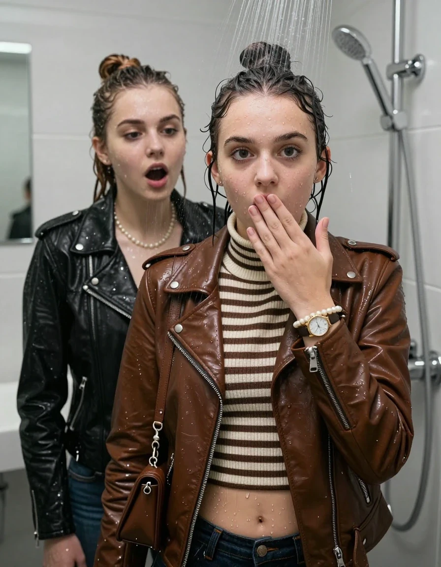 photo of young woman, in soaking wet, drenched clothes,
, , black Biker leatherjacket and brown biker leatherjacket, Tight Striped knit turtleneck sweater belly free, handbag, pearl necklace, bracelet, wristwatch, Under the shower, strong jet of water, modern mirrored bathroom, 
enjoying, wet clothes stuck to body,
detailed textures of the wet clothes, wet face, wet plastered hair,
wet, drenched, professional, high-quality details, full body view.
sharp focus, ultra-high pixel detail, realistic, high-quality, full colors, incredibly detailed, 4k, 8k, 16k, hyper-realistic, RAW photo, masterpiece, ultra-detailed, professionally color graded, professional photograph, Topknot

Two 15 years old  teenage girl

Only head and shoulders are over the surface visible. Open mouth, big eyes. Looking at camera. Hold a hand on her mouth.

she is completely underwater up to her neck, surprised and astonished expression. 

her submerged clothes are hardly vusible under water, she soaked her handbag into the water

close up view, wet skin, wet clothes, wet hair, damp fabric, water runs down the clothes, wet skin, wet clothes, damp fabric., wet skin, wet clothes, damp fabric, wet skin, wet clothes, damp fabric, wet skin, wet clothes, damp fabric, wet skin, wet clothes, damp fabric, wet skin, wet clothes, damp fabric, wet skin, wet clothes, damp fabric, wet skin, wet clothes, damp fabric, wet skin, wet clothes, damp fabric, wet skin, wet clothes, damp fabric