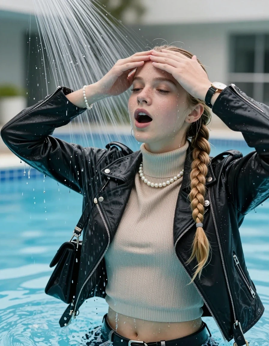 photo of young woman, in soaking wet, drenched clothes,
, , Biker leatherjacket, Tight knit turtleneck sweater belly free, handbag, pearl necklace, bracelet, wristwatch, Under the pool shower, strong jet of water, swimming pool, 
enjoying, wet clothes stuck to body,
detailed textures of the wet clothes, wet face, wet plastered hair,
wet, drenched, professional, high-quality details, full body view.
sharp focus, ultra-high pixel detail, realistic, high-quality, full colors, incredibly detailed, 4k, 8k, 16k, hyper-realistic, RAW photo, masterpiece, ultra-detailed, professionally color graded, professional photograph, blonde sleek long twisted ponytail

Two 15 years old  teenage girl

Only head and shoulders are over the surface visible. Open mouth, closed eyes. Looking up. Hold her hands over her forehead.

The girls wear different clothes.

she is completely underwater up to her neck, surprised and astonished expression. 

her submerged clothes are hardly vusible under water, she soaked her handbag into the water

close up view, wet skin, wet clothes, wet hair, damp fabric, water runs down the clothes, wet skin, wet clothes, damp fabric., wet skin, wet clothes, damp fabric, wet skin, wet clothes, damp fabric, wet skin, wet clothes, damp fabric, wet skin, wet clothes, damp fabric, wet skin, wet clothes, damp fabric, wet skin, wet clothes, damp fabric, wet skin, wet clothes, damp fabric, wet skin, wet clothes, damp fabric, wet skin, wet clothes, damp fabric