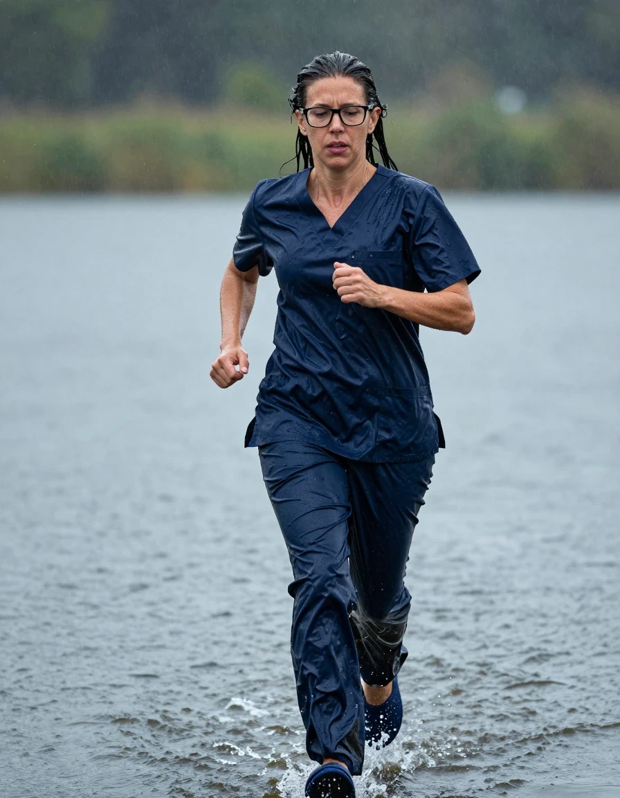 photo of young woman, in soaking wet, drenched clothes,
slippers, dark blue scrubs, dark blue scrubs, running in the lake under hard rain, enjoying wet clothes stuck body, enjoying, wet clothes stuck to body, 
enjoying, wet clothes stuck to body,
detailed textures of the wet clothes, wet face, wet plastered hair,
wet, drenched, professional, high-quality details, full body view.
sharp focus, ultra-high pixel detail, realistic, high-quality, full colors, incredibly detailed, 4k, 8k, 16k, hyper-realistic, RAW photo, masterpiece, ultra-detailed, professionally color graded, professional photograph, europen brunette skinny woman 50 years old, long dark black hair, very big and thick lips,  office glasses, complete body, wet skin, wet clothes, damp fabric, wet skin, wet clothes, damp fabric, wet skin, wet clothes, damp fabric, wet skin, wet clothes, damp fabric, wet skin, wet clothes, damp fabric, wet skin, wet clothes, damp fabric, wet skin, wet clothes, damp fabric