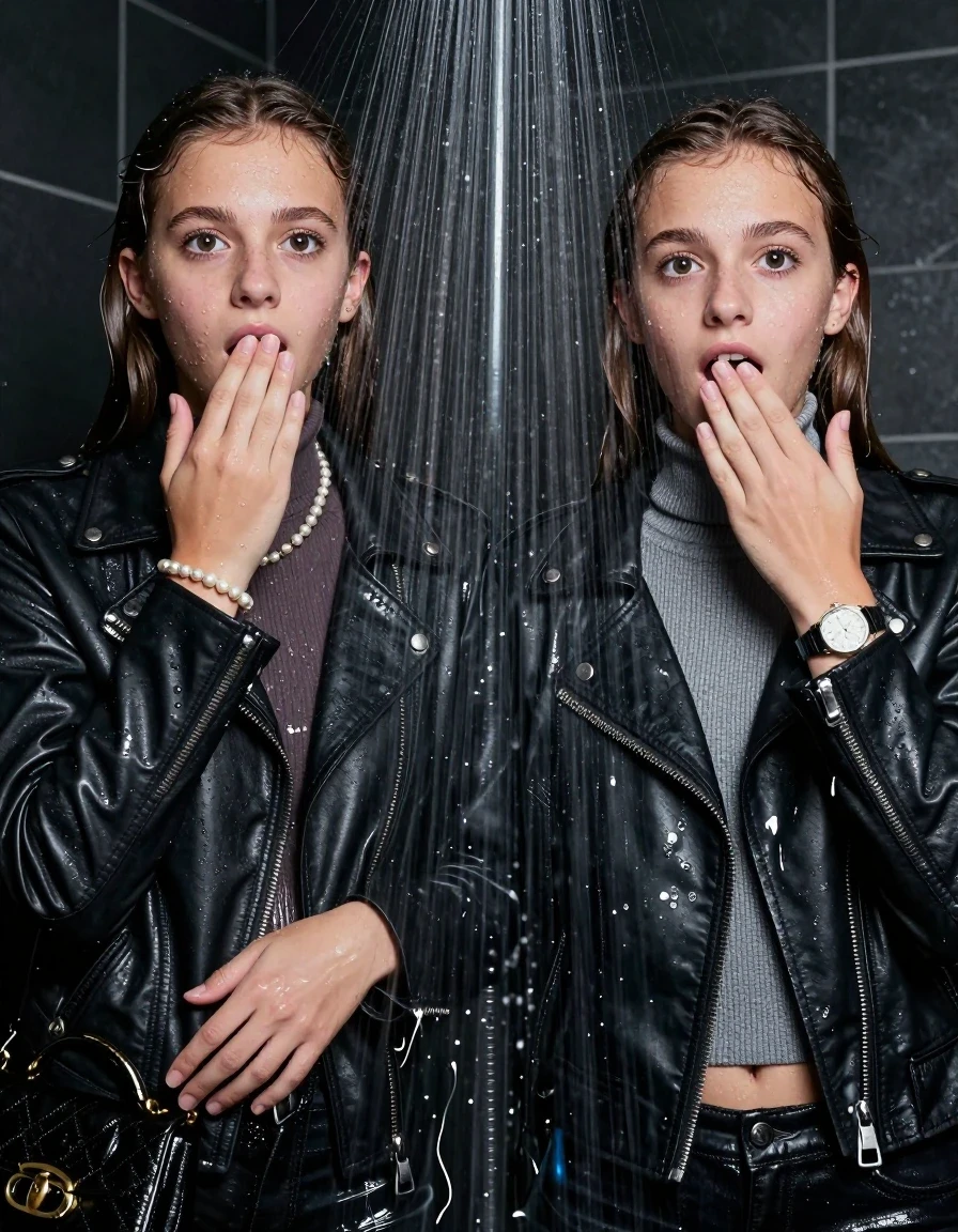photo of young woman, in soaking wet, drenched clothes,
, , Biker leatherjacket, Tight knit turtleneck sweater belly free, handbag, pearl necklace, bracelet, wristwatch, Under the shower, strong jet of water, party room, 
enjoying, wet clothes stuck to body,
detailed textures of the wet clothes, wet face, wet plastered hair,
wet, drenched, professional, high-quality details, full body view.
sharp focus, ultra-high pixel detail, realistic, high-quality, full colors, incredibly detailed, 4k, 8k, 16k, hyper-realistic, RAW photo, masterpiece, ultra-detailed, professionally color graded, professional photograph, sleek long straight hair

Two 15 years old  teenage girl

Only head and shoulders are over the surface visible. Open mouth, big eyes. Looking at camera. Hold her hand in front of her mouth.

The girls wear different clothes.

she is completely underwater up to her neck, surprised and astonished expression. 

her clothing is soaking wet and clinging tightly to her skin, showing heavy wet folds, darkened fabric texture, and deep water-saturated Patches, her clothes are heavy from the water, water runs from her body and her clothes in streams. A lot of water also runs out of her clothes. Her clothes are darkened by the water. Her submerged clothes are good visible under the water.  she soaked her handbag into the water.

close up view, wet skin, wet clothes, wet hair, damp fabric, water runs down the clothes, wet skin, wet clothes, damp fabric. cinematic medium shot, hyper-realistic wetness, high-contrast water sheen, sharp focus, 8k resolution, professional photography, realistic water physics., wet skin, wet clothes, damp fabric