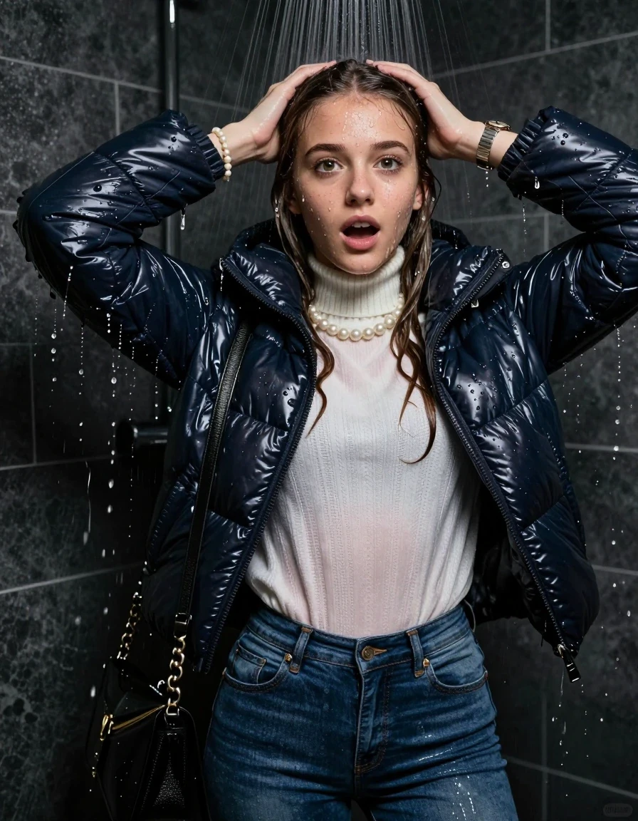 photo of young woman, in soaking wet, drenched clothes,
Heels, Tight Skinny jeans, Moncler shiny puffer down jacket , white knit turtleneck sweater, handbag, pearl necklace, bracelet, wristwatch, Under the shower, strong jet of water, party room, 
enjoying, wet clothes stuck to body,
detailed textures of the wet clothes, wet face, wet plastered hair,
wet, drenched, professional, high-quality details, full body view.
sharp focus, ultra-high pixel detail, realistic, high-quality, full colors, incredibly detailed, 4k, 8k, 16k, hyper-realistic, RAW photo, masterpiece, ultra-detailed, professionally color graded, professional photograph, sleek long straight hair, wer plastered hair

 15-years-old teenage girl

Only head and shoulders are over the surface visible. Open mouth, big eyes. Looking at camera. Hold her hands over her head.

The girls wear different clothes.

she is completely underwater up to her neck, surprised and astonished expression. 

her clothing is soaking wet and clinging tightly to her skin, showing heavy wet folds, darkened fabric texture, and deep water-saturated Patches, her clothes are heavy from the water, water runs from her body and her clothes in streams. A lot of water also runs out of her clothes. Her clothes are darkened by the water. Her submerged clothes are good visible under the water.  she soaked her handbag into the water.

close up view, wet skin, wet clothes, wet hair, damp fabric, water runs down the clothes, wet skin, wet clothes, damp fabric. cinematic medium shot, hyper-realistic wetness, high-contrast water sheen, sharp focus, 16k resolution, professional photography, realistic water physics., wet skin, wet clothes, damp fabric, wet skin, wet clothes, damp fabric, wet skin, wet clothes, damp fabric