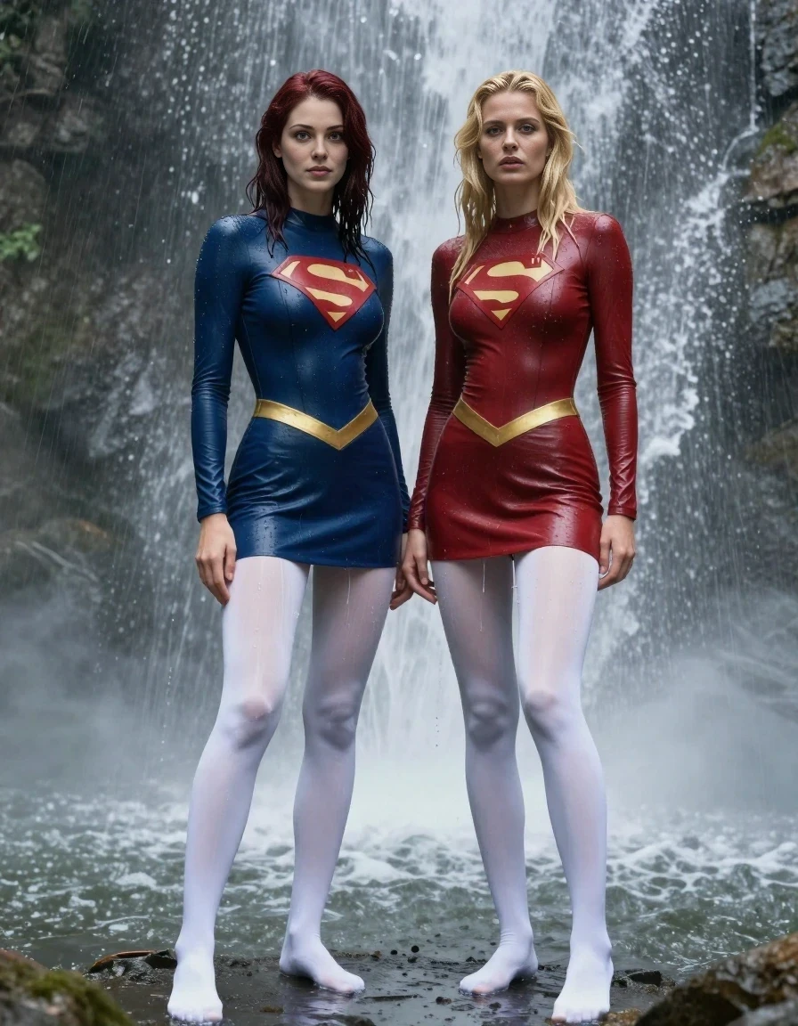 Full-body vertical fashion photography of two women standing together in a heavy mist and waterfall environment, captured from head to feet. On the left, a 25-year-old adult woman with shoulder-length dark auburn hair. On the right, a blonde woman. Both are wearing sleek, long-sleeved superhero-style dresses and wet white pantyhose. They are fully drenched from the waterfall, with the fabric of their dresses and pantyhose clinging to their skin, showing rich, saturated textures. The shot includes their feet on the wet ground. Cinematic lighting, water droplets glistening on their skin and clothing, high-resolution, realistic textures, atmospheric mist surrounding them. The depicted adult woman has shoulder-length dark auburn hair.