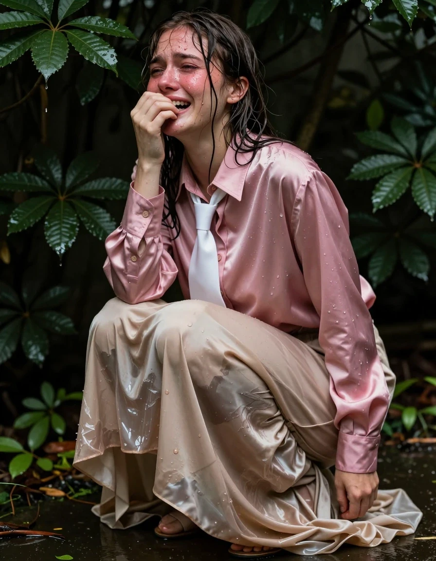 A young adult European woman crouching in a dense garden bush, captured in a raw, hyper-realistic candid shot. She is crying with a look of intense, ecstatic pleasure, her face flushed and tear-streaked, hair damp and matted against her forehead. She wears a pink satin long-sleeved oversized buttoned-down blouse with a crisp white necktie, the fabric clinging to her skin as it is soaked through with water, showing deep saturated color shifts and heavy, wet folds. Beneath, she wears a beige floor-length excessively long silk skirt layered with heavy petticoats, the layers completely water-saturated, clinging heavily to her legs, showing dark, translucent wet patches and clinging to her form. She wears simple sandals on her feet. The environment is lush and dark, with wet leaves and foliage surrounding her. The lighting is moody, emphasizing the glossy, wet sheen on her skin and the heavy, clinging texture of the soaked silk and satin fabrics. Cinematic lighting, high-contrast, 8k resolution, photorealistic, wet-on-wet textures, dripping water, hyper-detailed skin pores and fabric weaves.