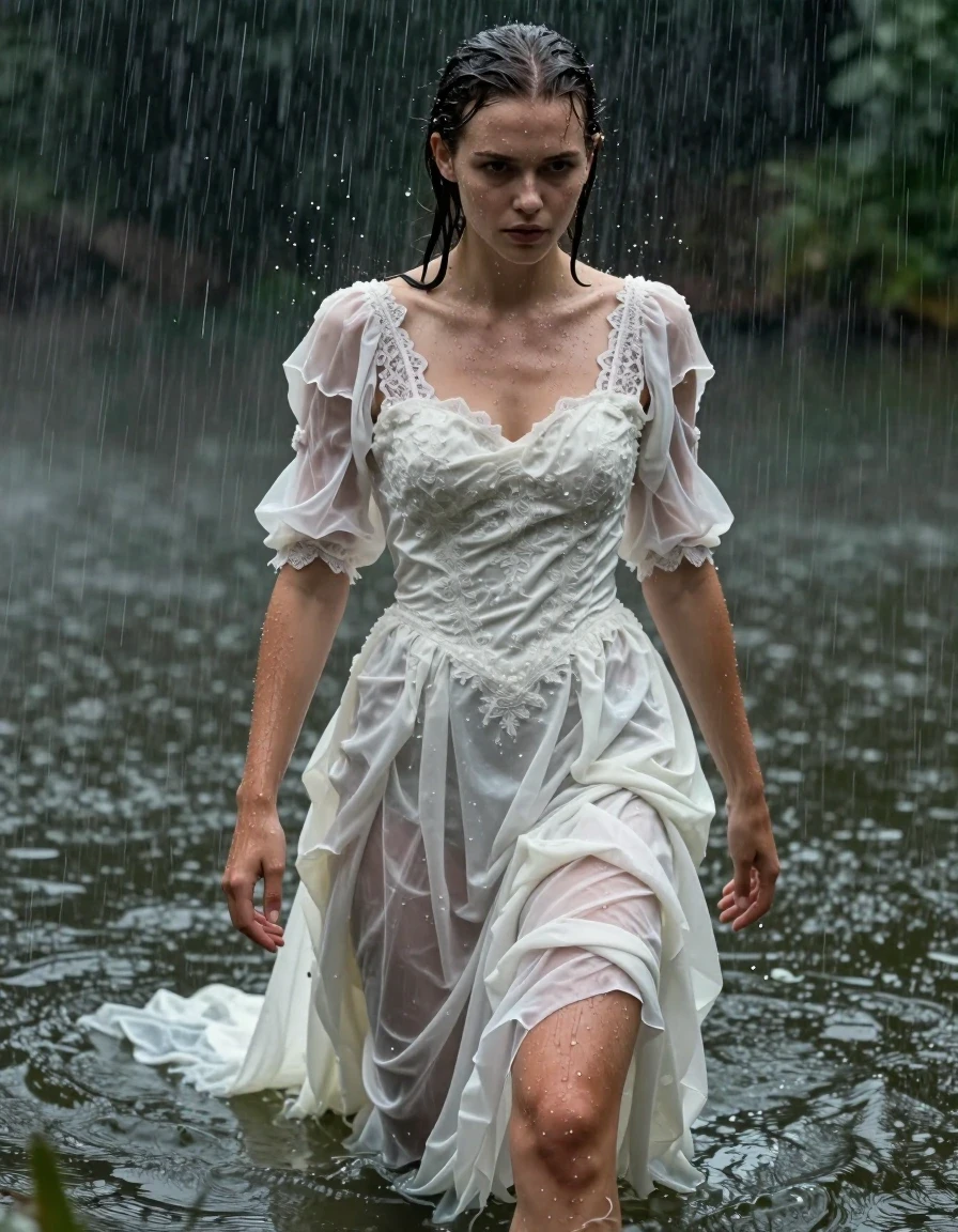 A photorealistic medium shot of a young adult European woman with wet, slicked-back hair and glistening, water-drenched skin, swimming in a murky pond during a heavy rainstorm. She is wearing a very traditional, conservative white wedding dress that is completely saturated and soaking-wet; the fabric is heavy, clinging tightly to her torso and limbs, with deep, translucent patches where the material has become heavy and weighed down by water. The intricate lace and layered silk of the dress are darkened, showing realistic wet folds, clinging textures, and strong glossy specular reflections where the water beads and sheets across the fabric surface. She is barefoot, with water droplets visible on her skin. The environment features a dark, moody pond surface rippling under the intensity of a downpour, with rain streaks cutting through the air. Cinematic lighting, high-contrast, sharp focus on the textures of the wet fabric and skin, 8k resolution, professional photography, hyper-realistic water effects.