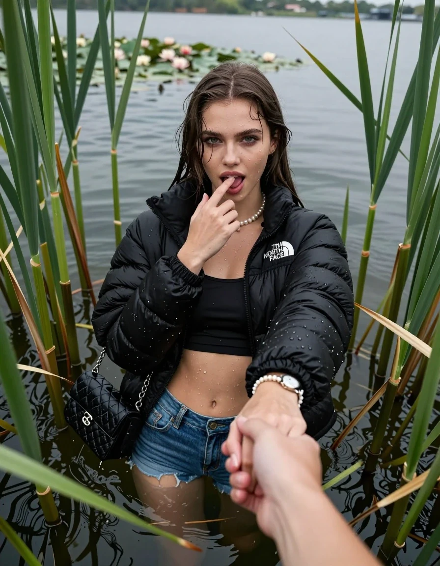 photo of young woman, in soaking wet, drenched clothes,
, sexy mini jeans short, black puffer down jacket from north face, tight sexy longsleeve crop top with wide neckline belly free, handbag, pearl necklace, bracelet, wristwatch, Emerging after diving in a lake with water lilies and reeds, 
enjoying, wet clothes stuck to body,
detailed textures of the wet clothes, wet face, wet plastered hair,
wet, drenched, professional, high-quality details, full body view.
sharp focus, ultra-high pixel detail, realistic, high-quality, full colors, incredibly detailed, 4k, 8k, 16k, hyper-realistic, RAW photo, masterpiece, ultra-detailed, professionally color graded, professional photograph, Sleek long straight hair

15 years old  teenage girl

open mouth, big eyes. 0ne hand with a finger at her tongue  inside her mouth, hold with the other the female viewer's hand, pulling them toward the center of the water. Laying her breast and arms on the surface.  Whole body and shoulders are submerged under the surface. Looking up at camera. horny eyes.

she is completely underwater up to her neck,  horny and sexuell aroused expression.

She hides in the reeds.

her submerged clothes are hardly vusible under water, she soaked her handbag into the water

close up view, wet skin, wet clothes, wet hair, damp fabric, water runs down the clothes, wet skin, wet clothes, damp fabric, wet skin, wet clothes, damp fabric, wet skin, wet clothes, damp fabric, wet skin, wet clothes, damp fabric, wet skin, wet clothes, damp fabric, wet skin, wet clothes, damp fabric, wet skin, wet clothes, damp fabric, wet skin, wet clothes, damp fabric, wet skin, wet clothes, damp fabric, wet skin, wet clothes, damp fabric, wet skin, wet clothes, damp fabric, wet skin, wet clothes, damp fabric, wet skin, wet clothes, damp fabric, wet skin, wet clothes, damp fabric, wet skin, wet clothes, damp fabric, wet skin, wet clothes, damp fabric, wet skin, wet clothes, damp fabric, wet skin, wet clothes, damp fabric, wet skin, wet clothes, damp fabric, wet skin, wet clothes, damp fabric, wet skin, wet clothes, damp fabric, wet skin, wet clothes, damp fabric, wet skin, wet clothes, damp fabric