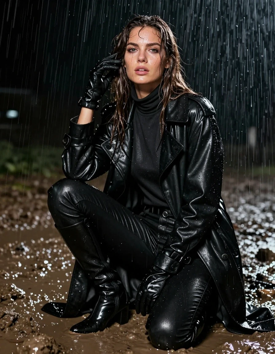 photo of young woman, in soaking wet, drenched clothes,
black leather knee-high boots, black leather jeans, oversize black leather polar neck shirt, leather gloves on both hands, black leather trench coat, kneeling in a mud pit, drenched, at night, heavy rain, 
enjoying, wet clothes stuck to body,
detailed textures of the wet clothes, wet face, wet plastered hair,
wet, drenched, professional, high-quality details, full body view.
sharp focus, ultra-high pixel detail, realistic, high-quality, full colors, incredibly detailed, 4k, 8k, 16k, hyper-realistic, RAW photo, masterpiece, ultra-detailed, professionally color graded, professional photograph, white woman, long dripping wet brown hair,, wet skin, wet clothes, damp fabric, wet skin, wet clothes, damp fabric