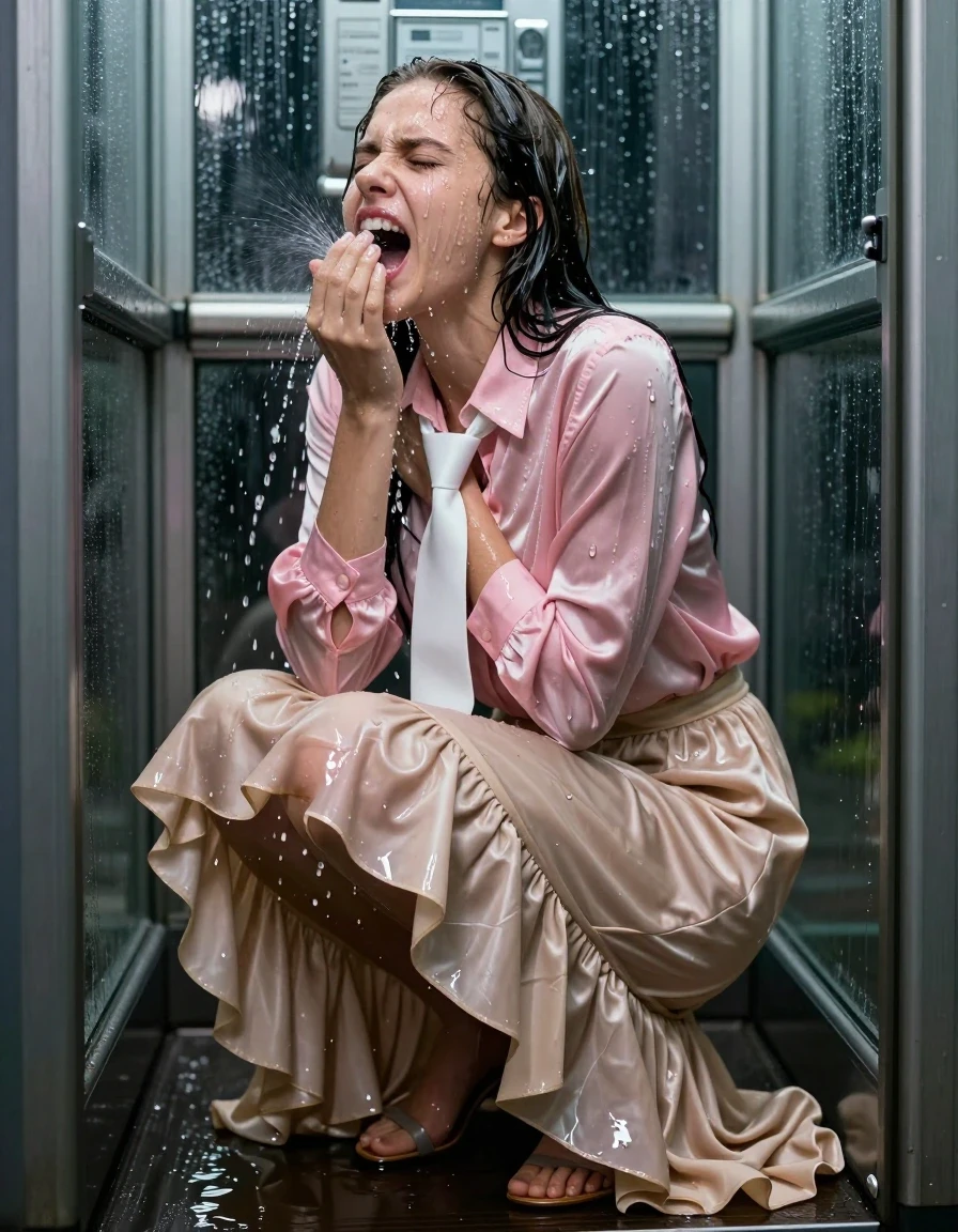 A young adult European woman captured in a photorealistic, high-detail scene inside a cramped, glass-walled phone booth. She is wearing a pink satin long-sleeved oversized blouse with a crisp white necktie, paired with a beige floor-length excessively long silk skirt with multiple voluminous layers of petticoat underneath, and simple sandals on her feet. The subject is completely drenched, with wet skin and hair, her clothes heavy with water, clinging to her body, and exhibiting deep, saturated color shifts and realistic wet folds. She is crouched in a hiding posture, captured in the peak of an intense, ecstatic orgasm with a flushed, open-mouthed expression, while visibly urinating, creating a puddle at her feet on the floor of the booth. The lighting is cold and cinematic, highlighting the water sheen on her skin and the translucent, heavy texture of the soaked silk and satin fabrics. Shot with a 35mm lens, sharp focus on the subject, dramatic reflections on the rain-streaked glass of the phone booth, hyper-realistic water droplets and heavy saturation.