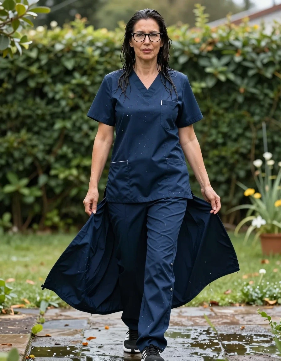 photo of young woman, in soaking wet, drenched clothes,
adidas shoes, dark blue scrubs dress, dark blue scrubs dress, after bath in sunny garden, enjoying wet clothes stuck body, enjoying, wet clothes stuck to body, 
enjoying, wet clothes stuck to body,
detailed textures of the wet clothes, wet face, wet plastered hair,
wet, drenched, professional, high-quality details, full body view.
sharp focus, ultra-high pixel detail, realistic, high-quality, full colors, incredibly detailed, 4k, 8k, 16k, hyper-realistic, RAW photo, masterpiece, ultra-detailed, professionally color graded, professional photograph, europen brunette skinny woman 50 years old, long dark black hair, very big and thick lips,  office glasses, complete body, wet skin, wet clothes, damp fabric, wet skin, wet clothes, damp fabric, wet skin, wet clothes, damp fabric, wet skin, wet clothes, damp fabric, wet skin, wet clothes, damp fabric, wet skin, wet clothes, damp fabric, wet skin, wet clothes, damp fabric